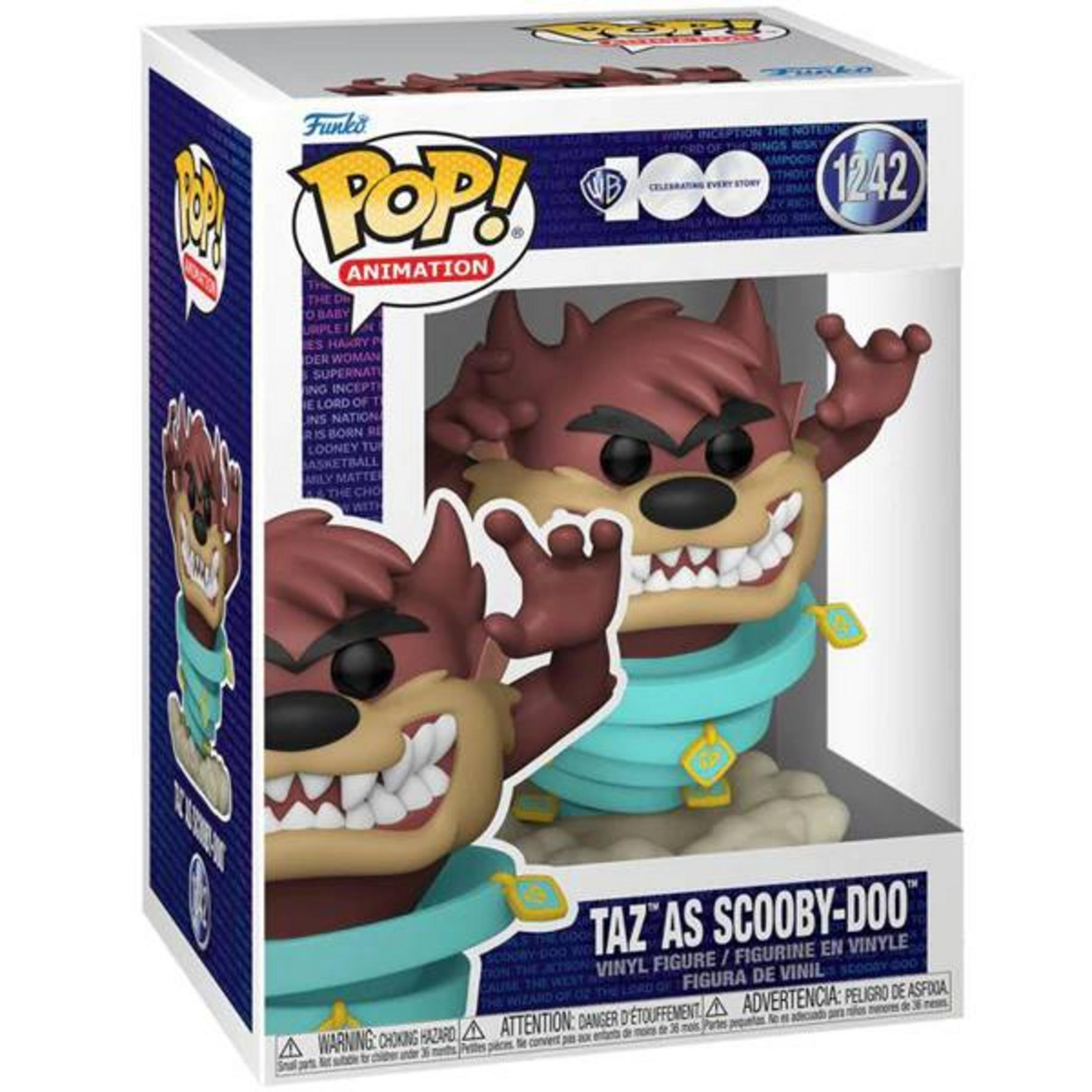 Funko Pop! Animation Taz als Scooby-Doo Vinylfigur in Box. Taz hat braunes Fell, breites Grinsen, blauen Kragen.
