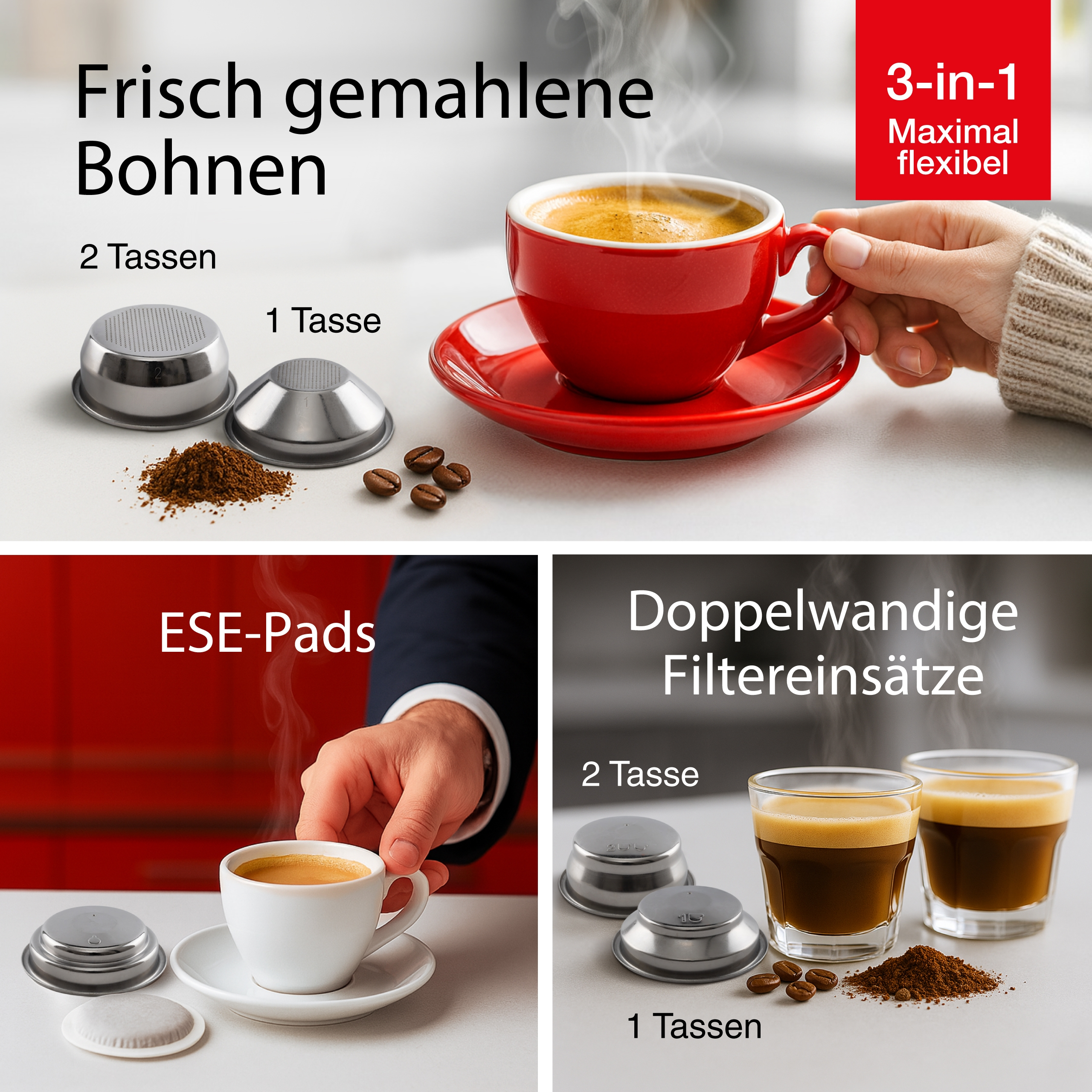 Kaffeezubereitung mit frisch gemahlenen Bohnen, ESE-Pads und Einsätzen für 1-2 Tassen.