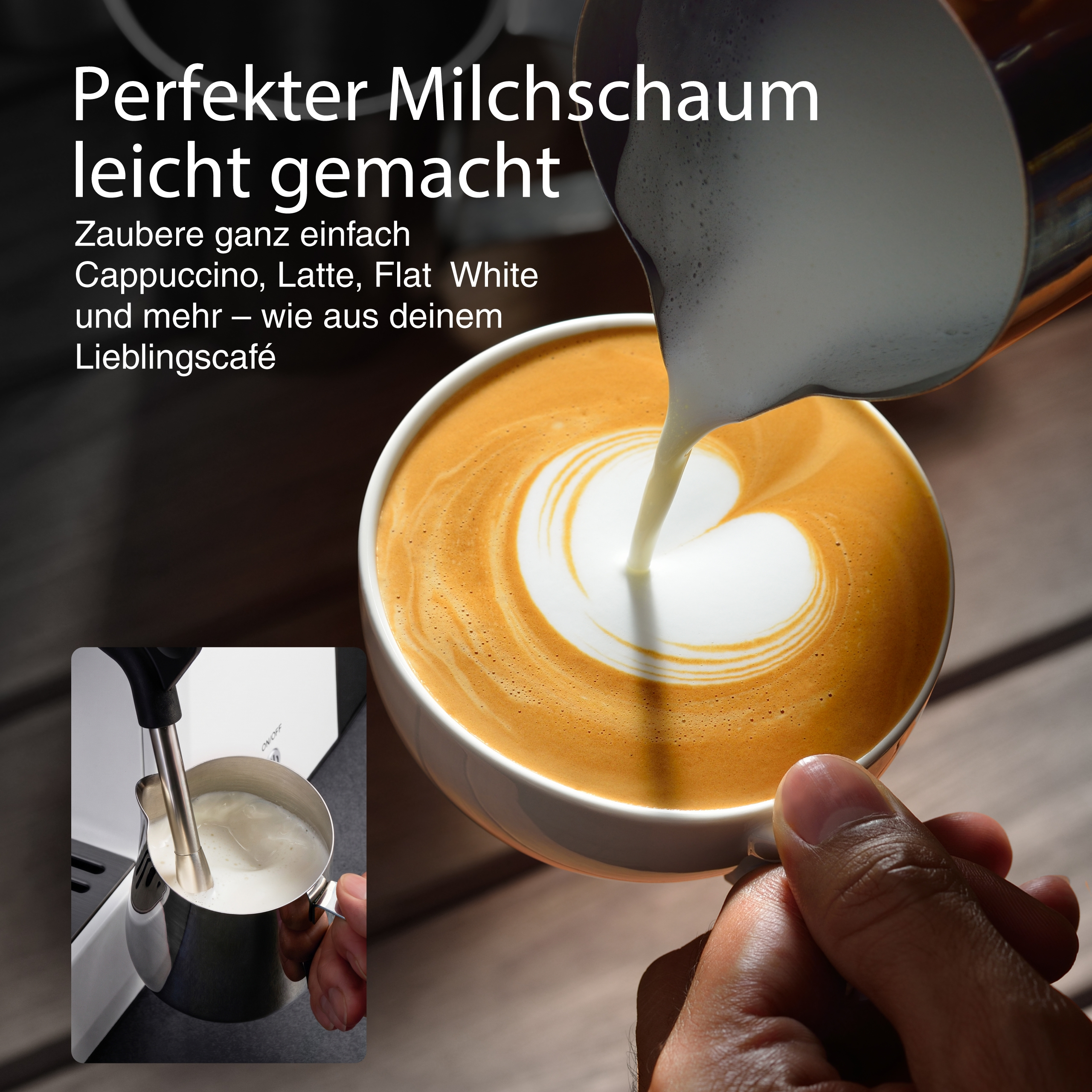 Milchschaum wird in eine Tasse Kaffee gegossen, um ein Herzmuster zu erzeugen.