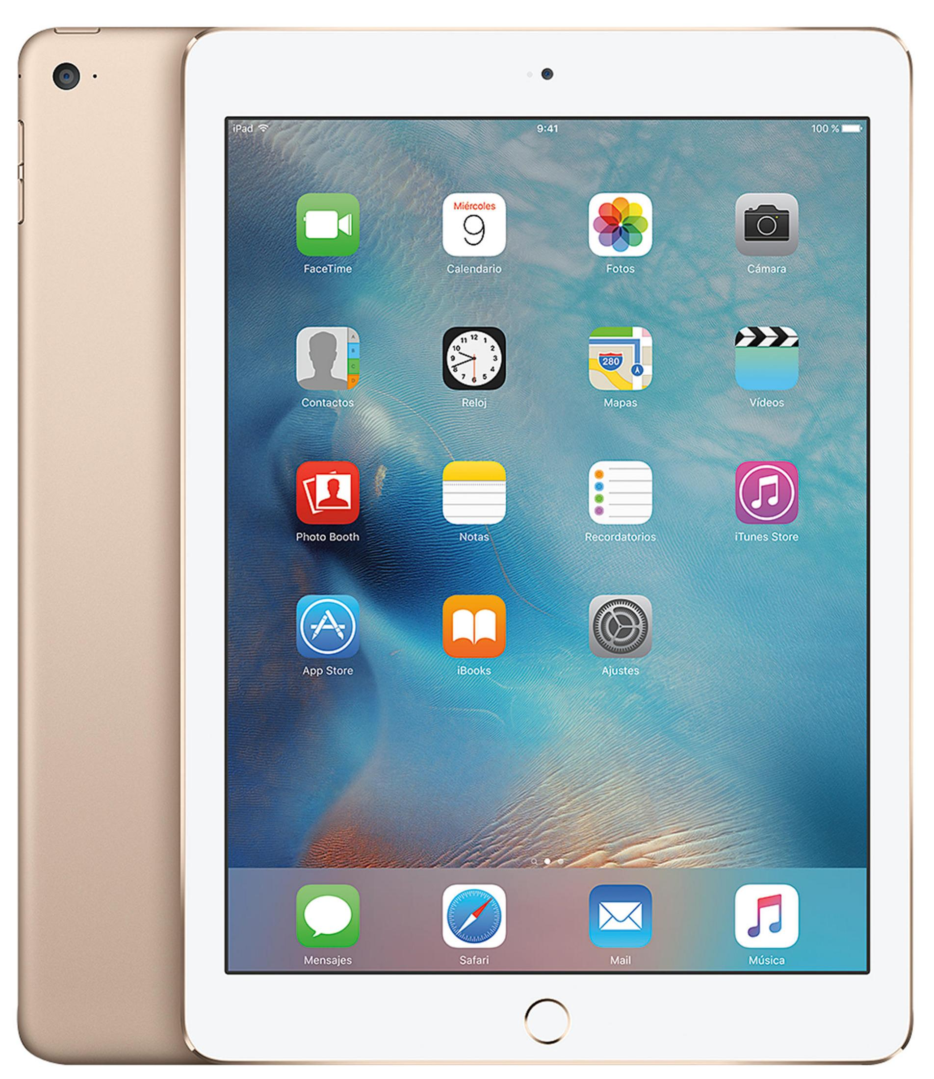 iPad dorado con varios iconos de aplicaciones en la pantalla.