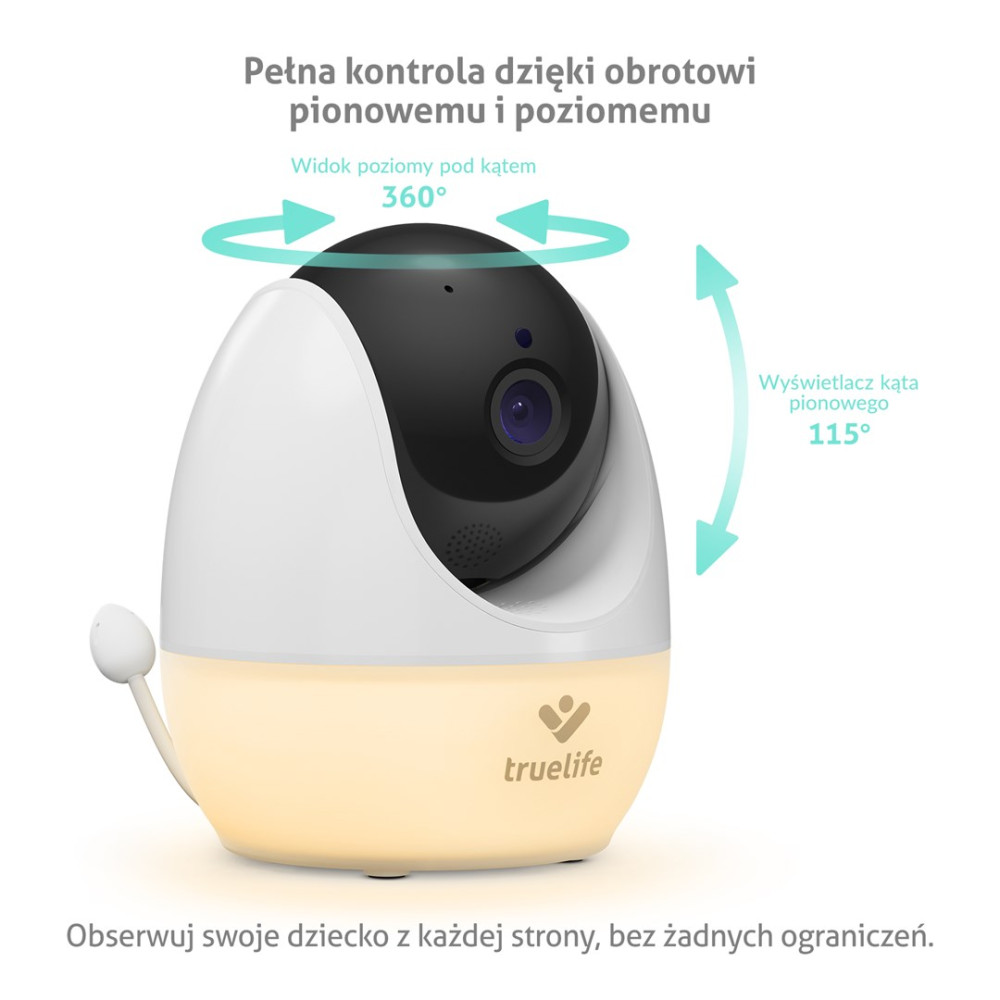 Biały elektroniczny niani z kamerą, obrót 360° poziomo i 115° pionowo.