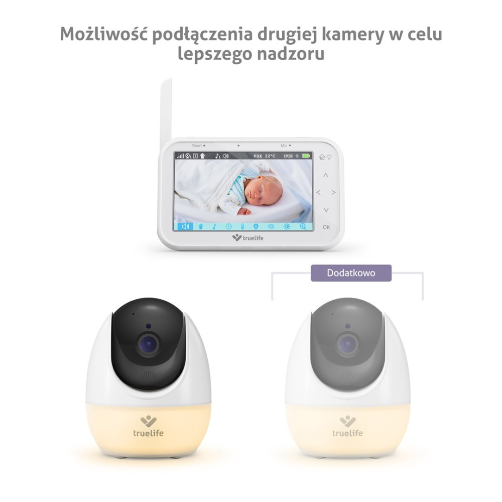 Monitor niani pokazuje śpiące dziecko. Widoczne dwie kamery.