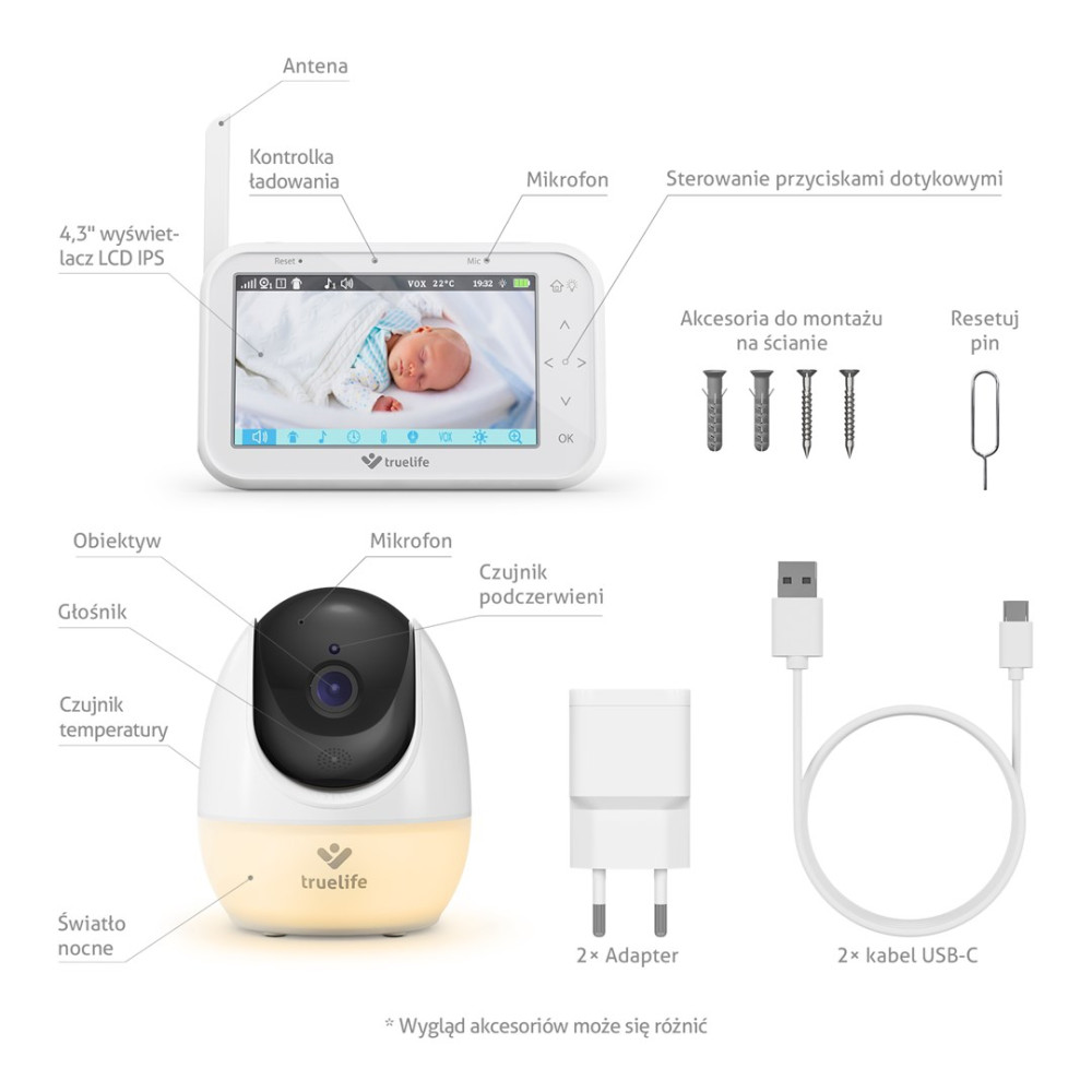 Zestaw niani elektronicznej z monitorem, kamerą, ładowarką i kablem USB-C.
