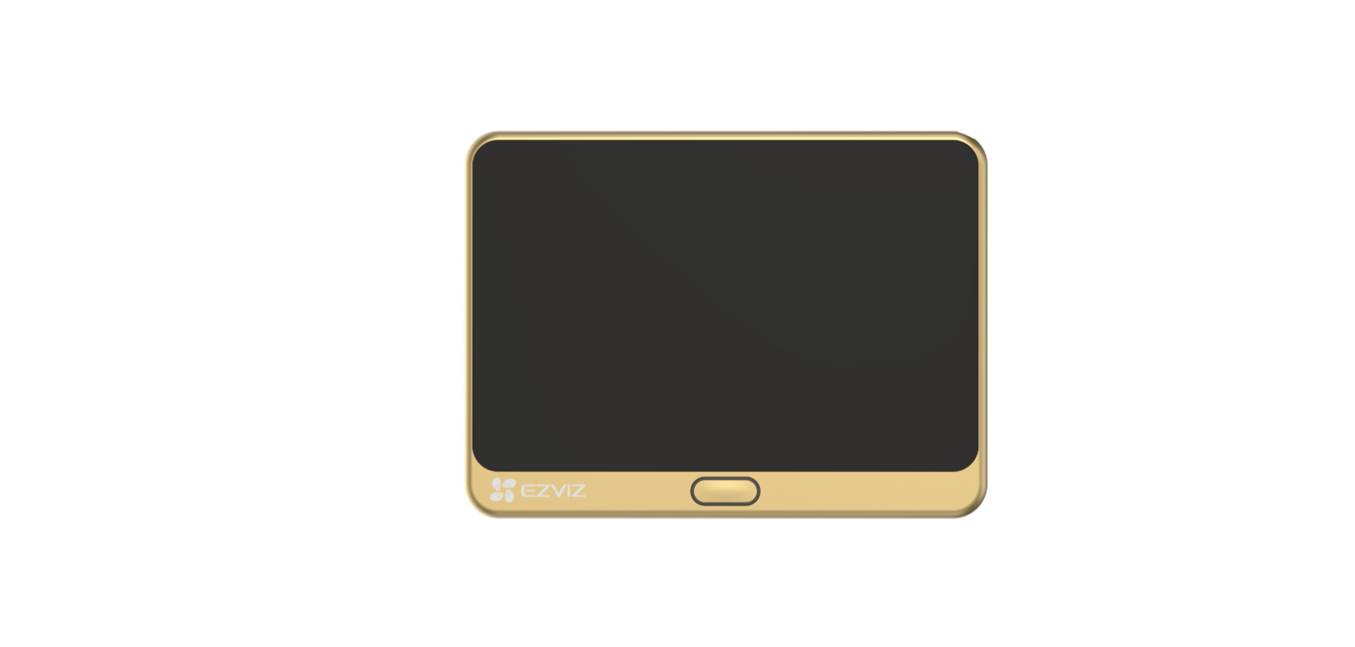 Ein goldener Touchscreen mit schwarzem Bildschirm und EZVIZ-Logo.
