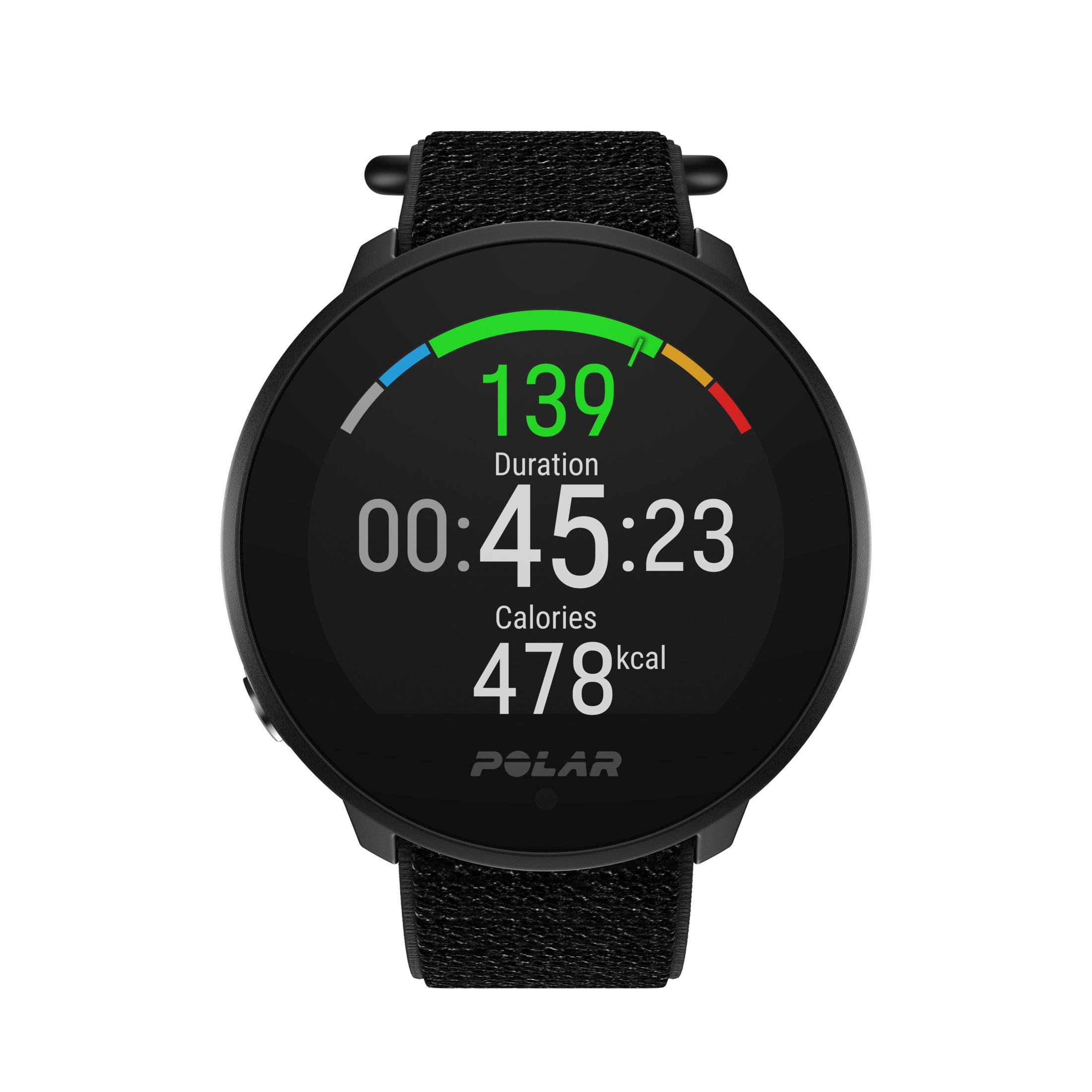 Smartwatch Polar nero mostra FC 139, durata 00:45:23, calorie 478.