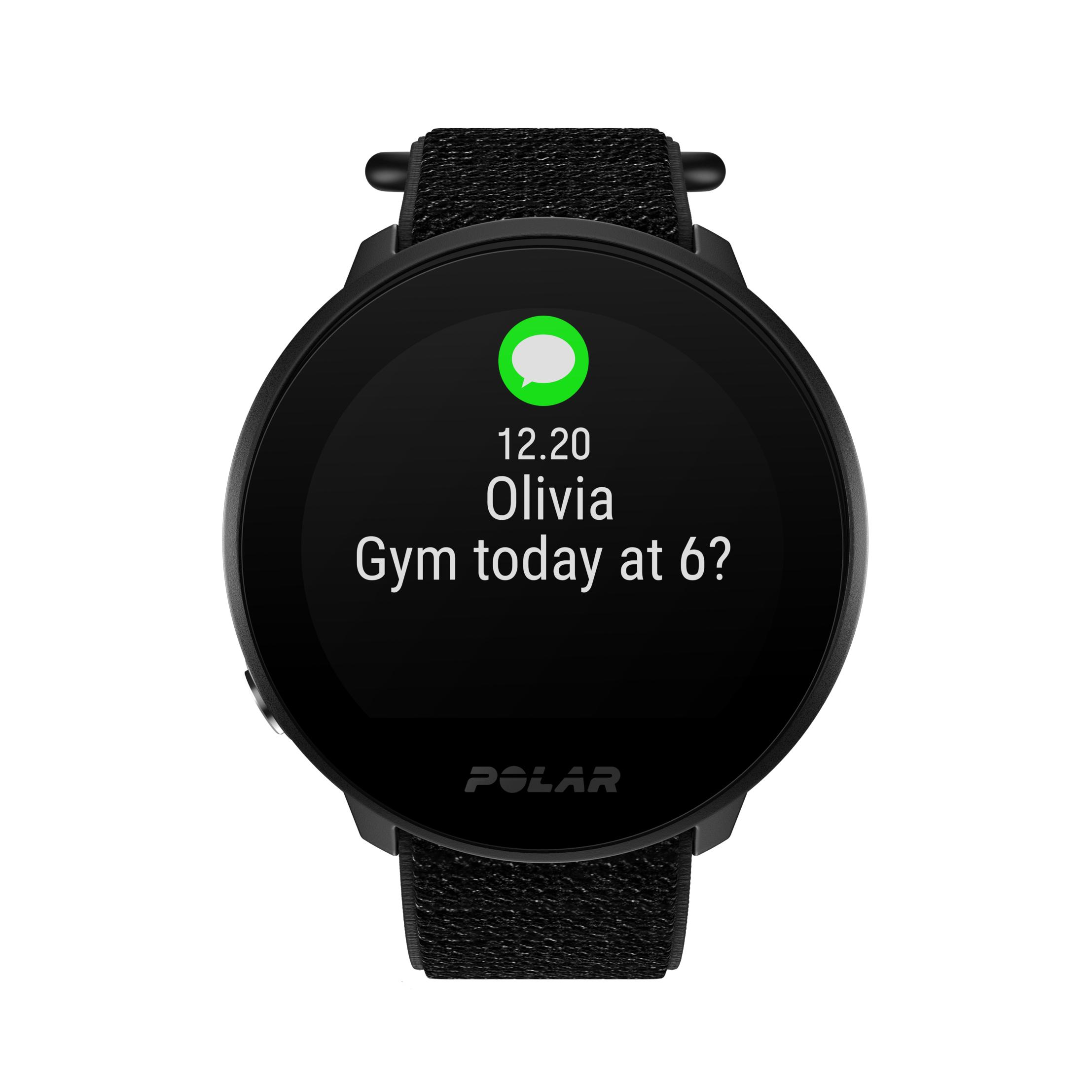 Smartwatch Polar nero mostra messaggio da Olivia sulla palestra oggi alle 18.