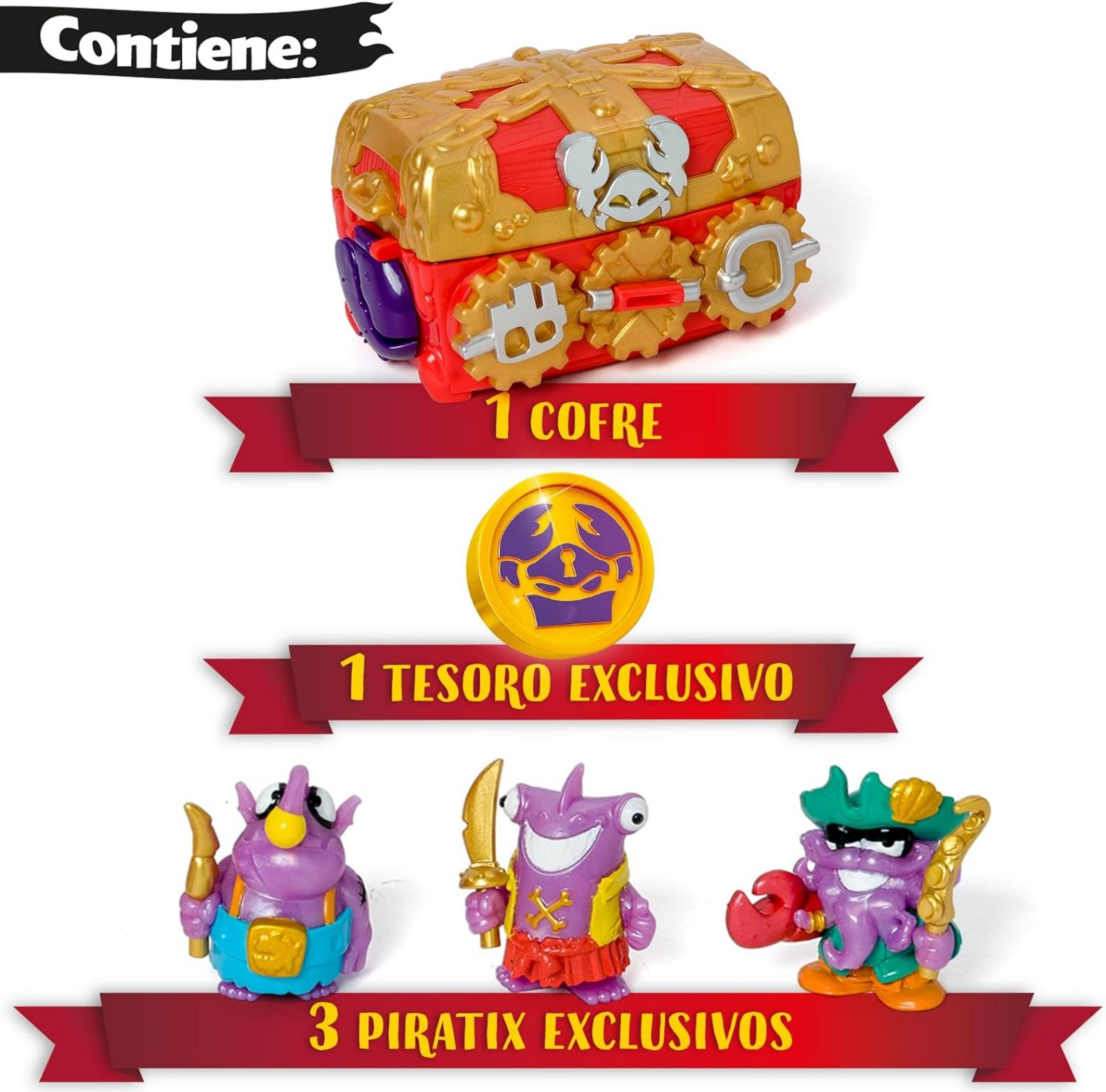 Un cofre del tesoro con 3 figuras moradas: piratas, un tesoro y un cofre.