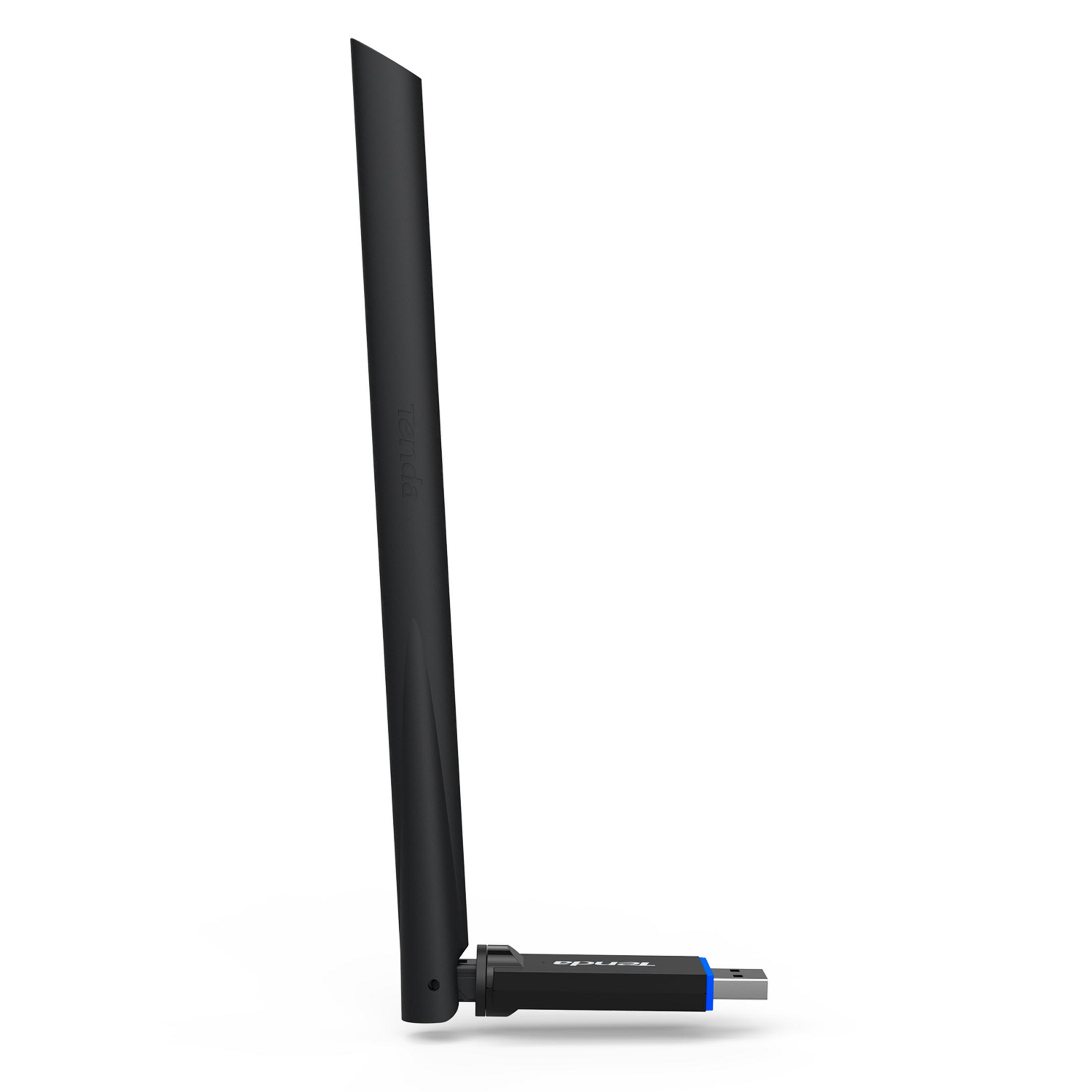 Un adaptador Wi-Fi USB negro con antena.