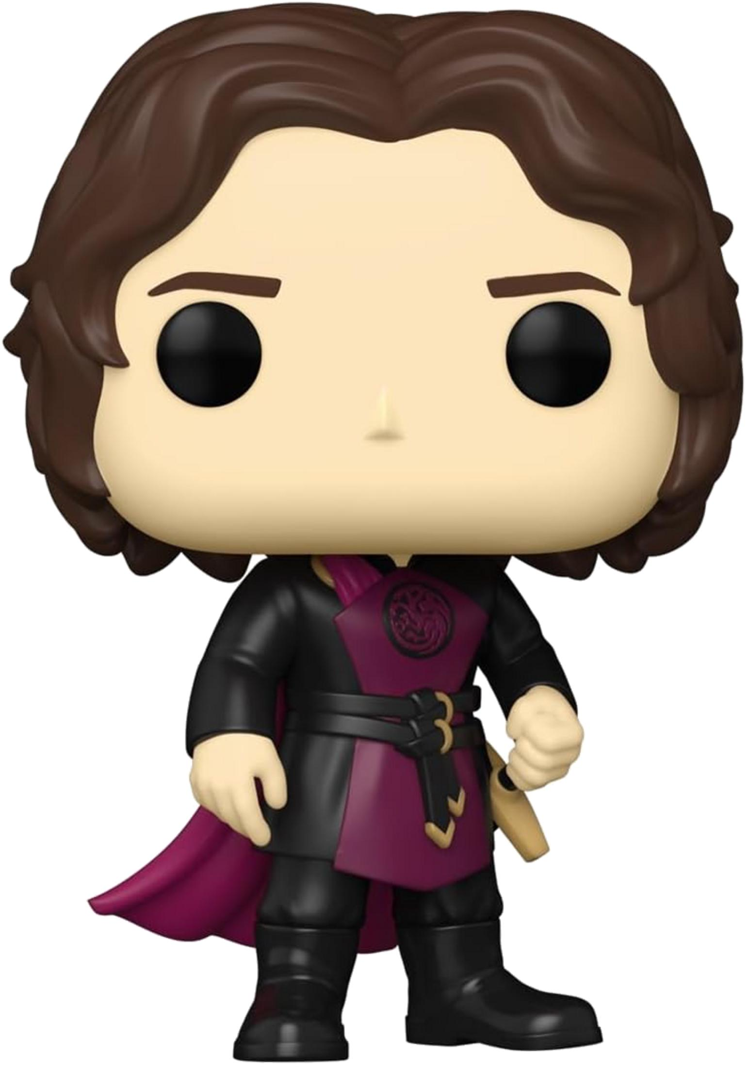 Figura Funko Pop con pelo castaño, traje negro y capa morada.
