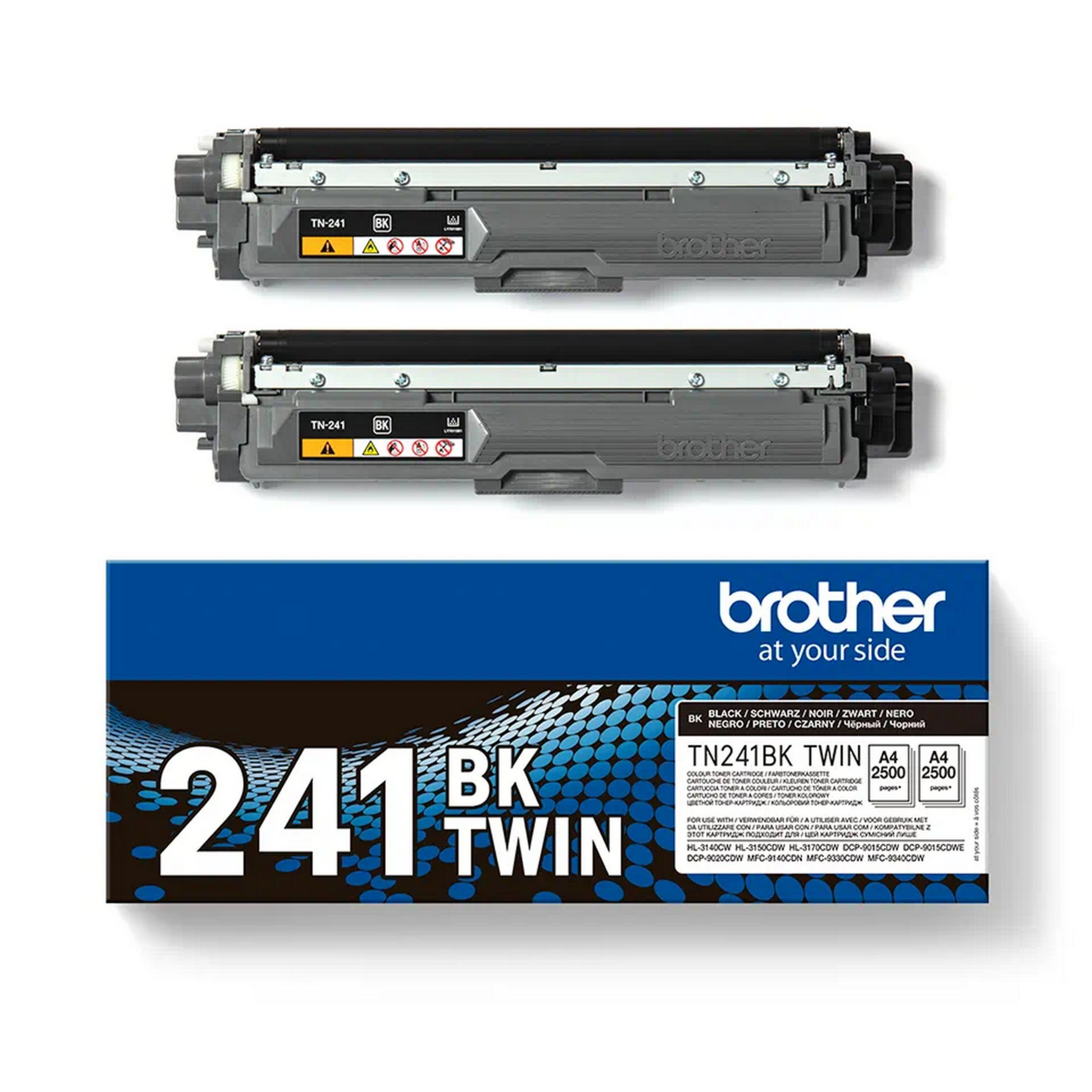 Twee zwarte Brother TN-241 tonercartridges en een Brother verpakkingsdoos.