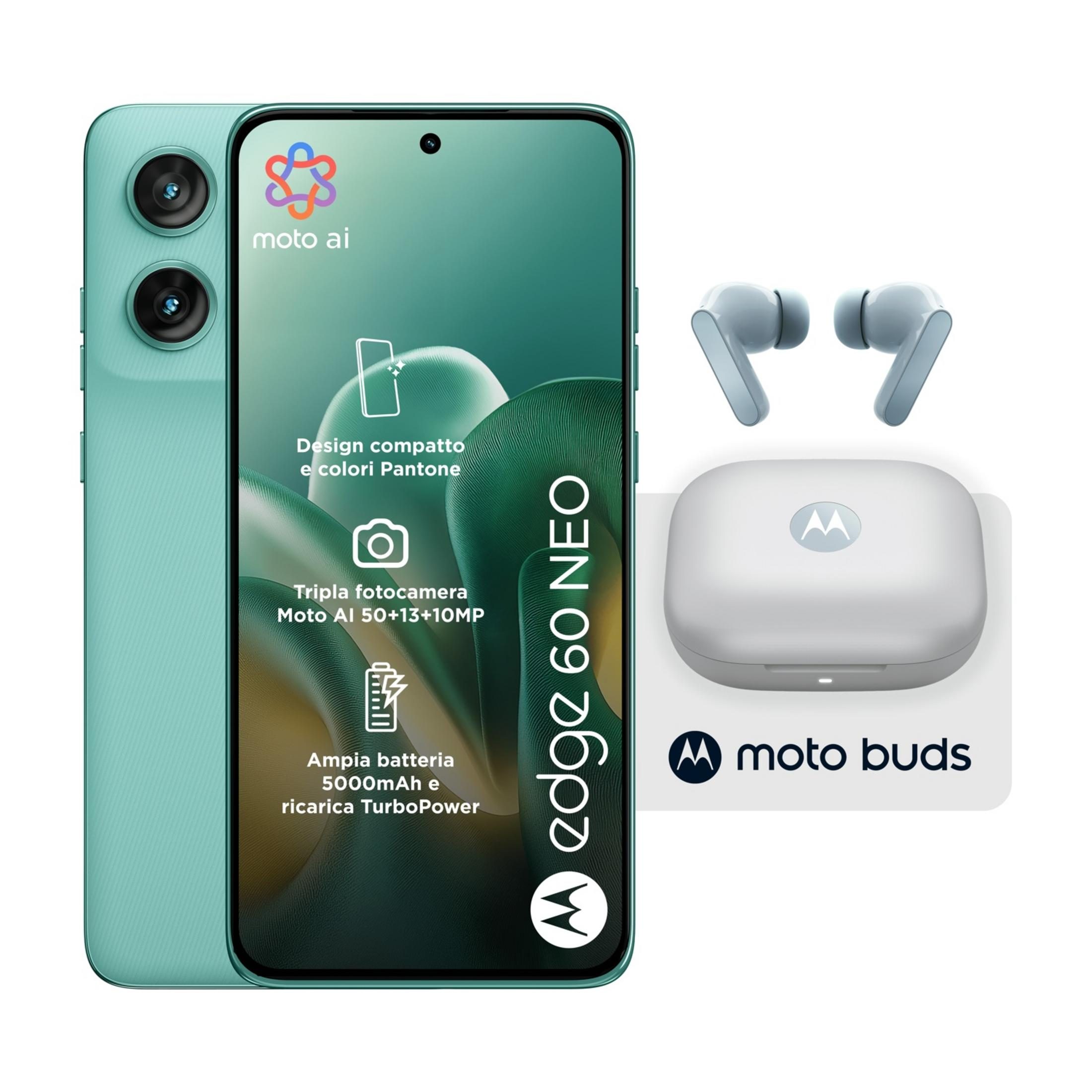 Türkisblaues Motorola Edge 60 Neo Smartphone mit Kopfhörern und Ladehülle.