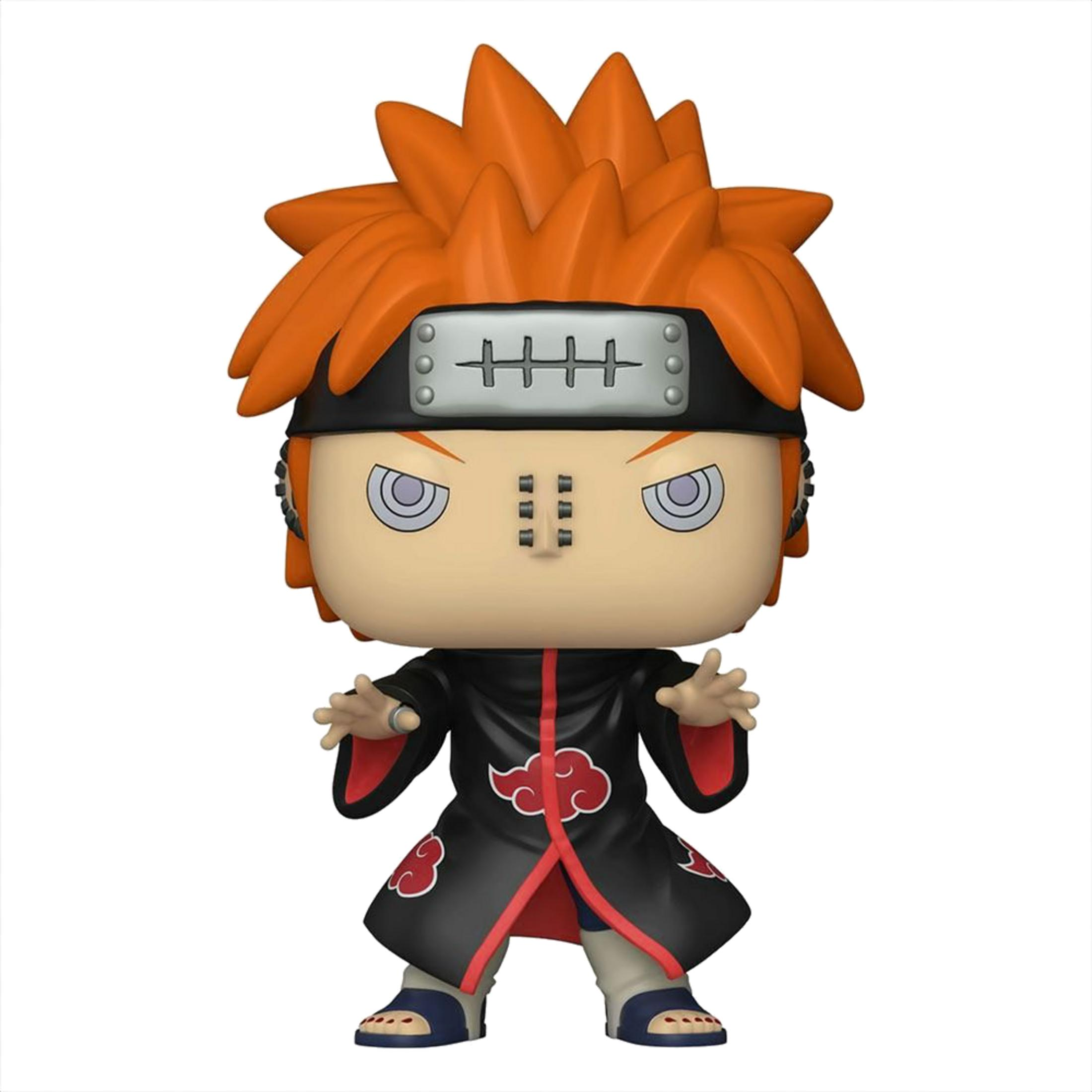 Eine Pop-Figur von Pain mit orangefarbenem Haar und Akatsuki-Kleidung.