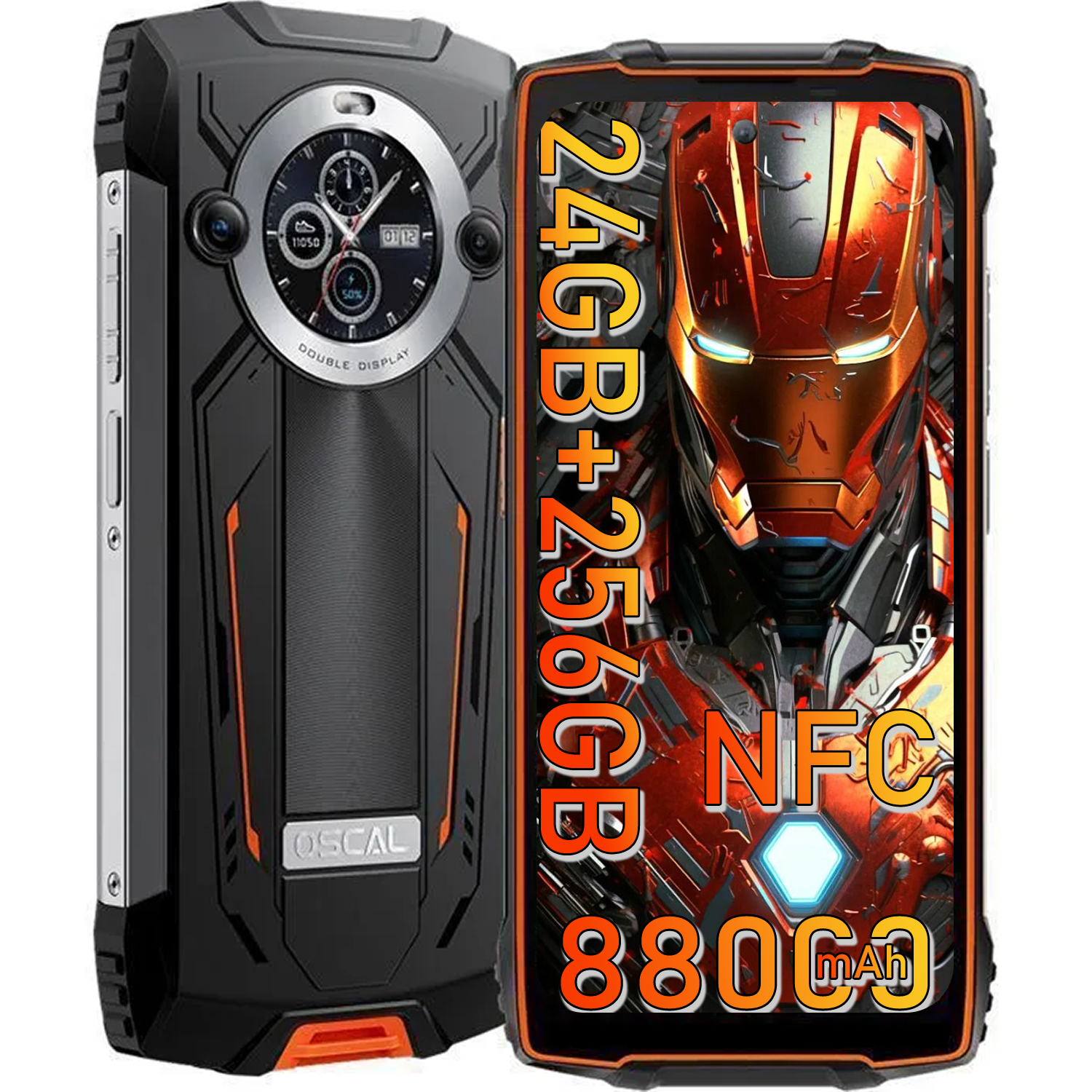 Telefono robusto con display Iron Man, 24GB+256GB, NFC, batteria 8800mAh.
