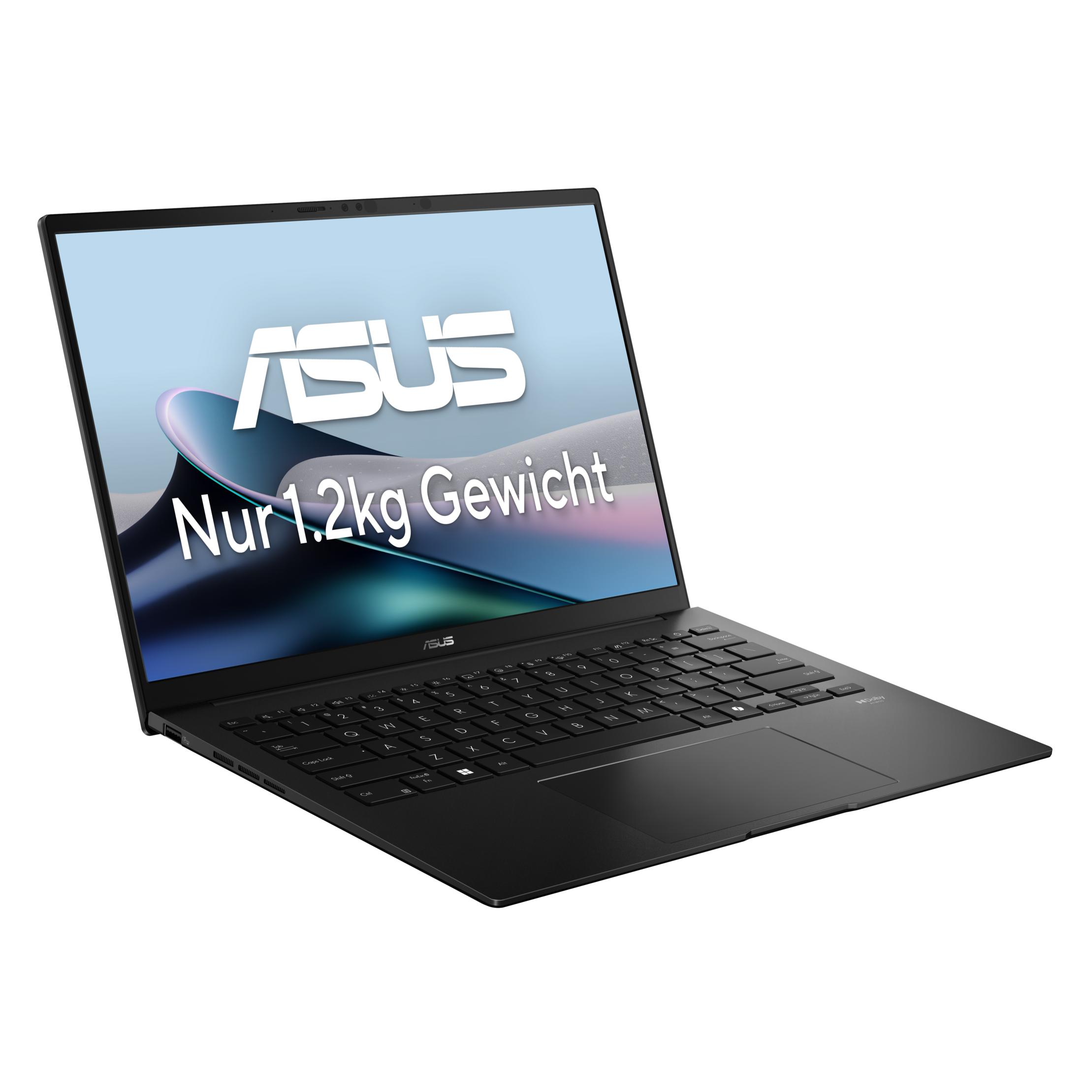 Portátil ASUS negro con teclado iluminado y "Solo 1.2kg de peso".