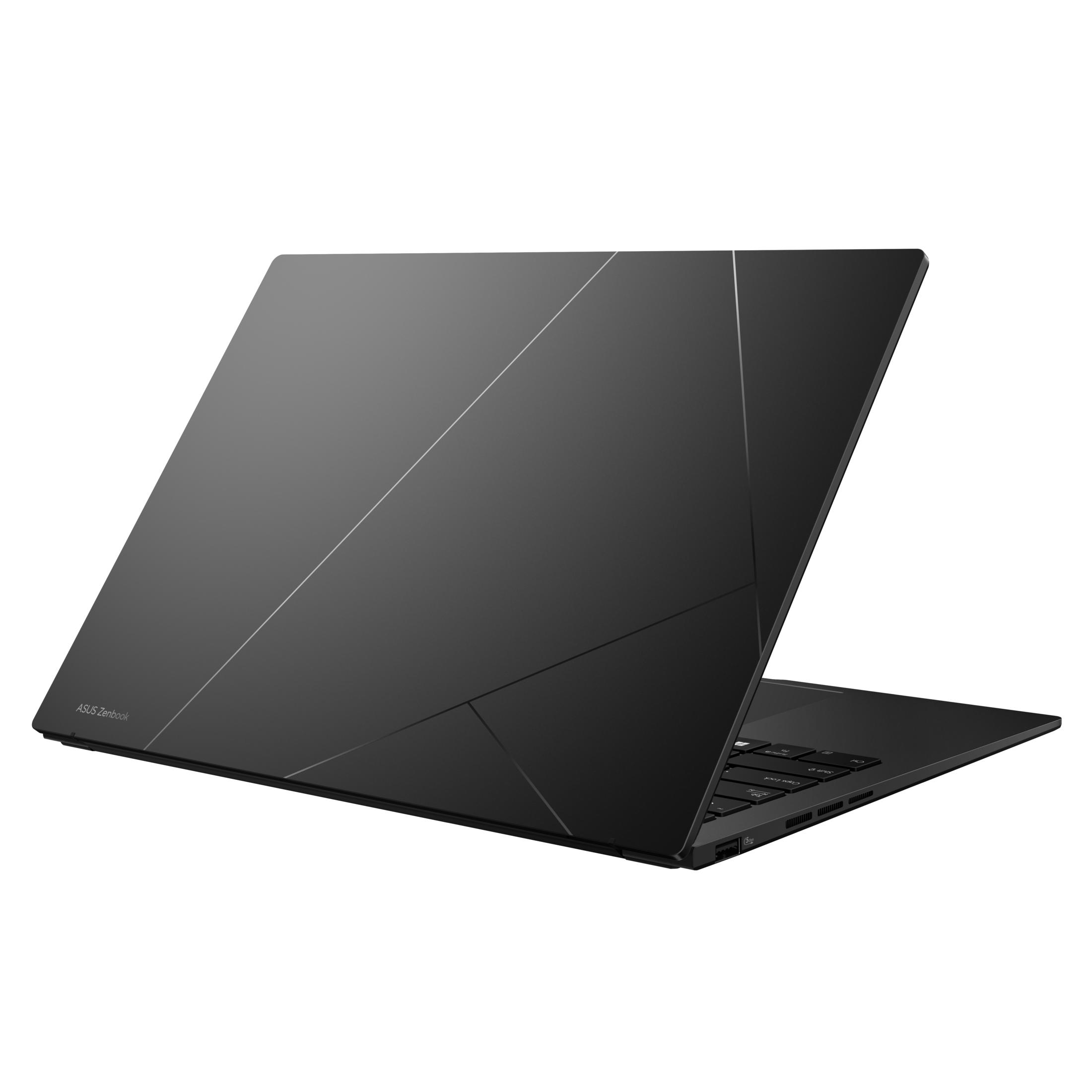 Portátil Asus Zenbook negro con diseño geométrico en la tapa y línea blanca.