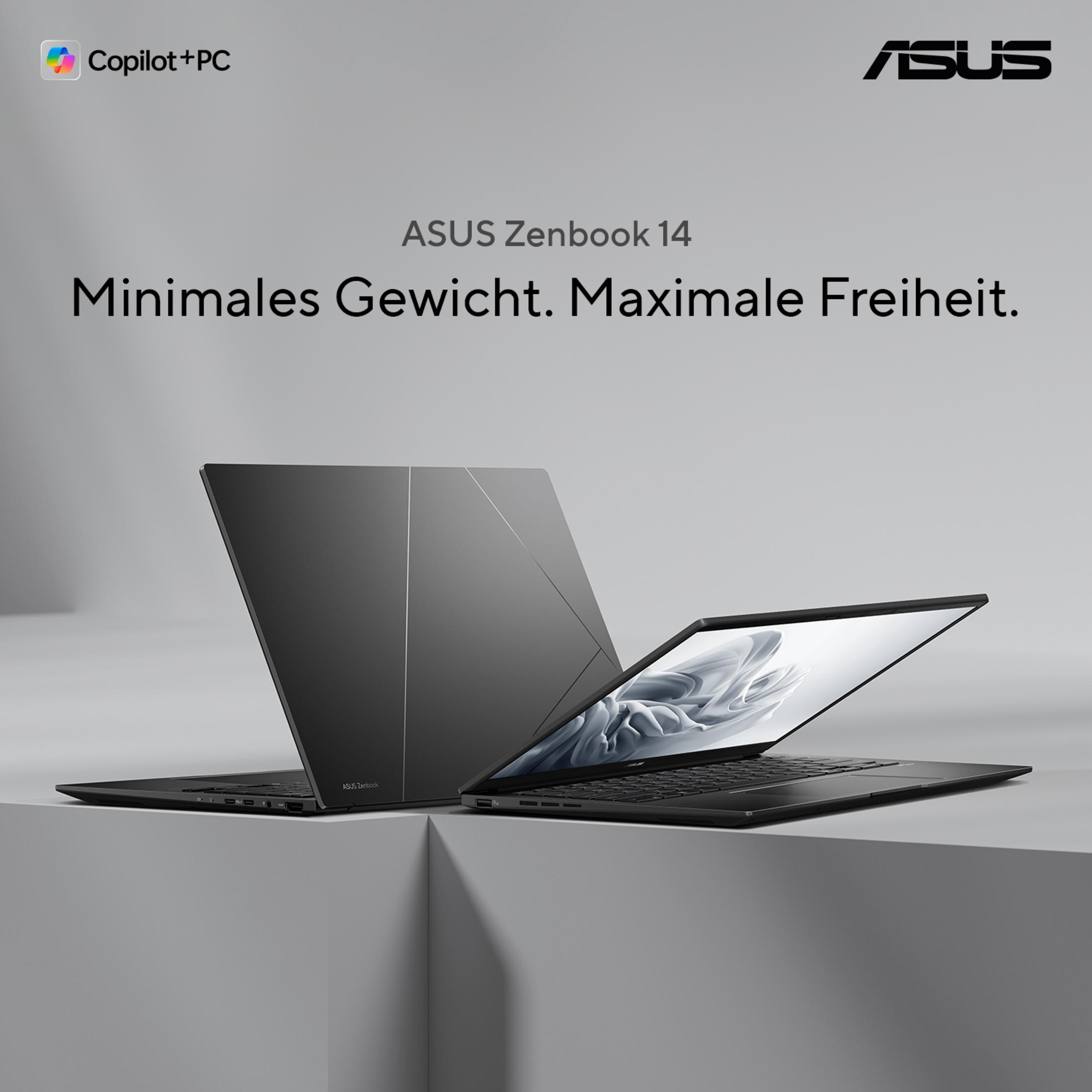Dos portátiles ASUS Zenbook negros sobre fondo gris. Uno abierto, el otro cerrado.