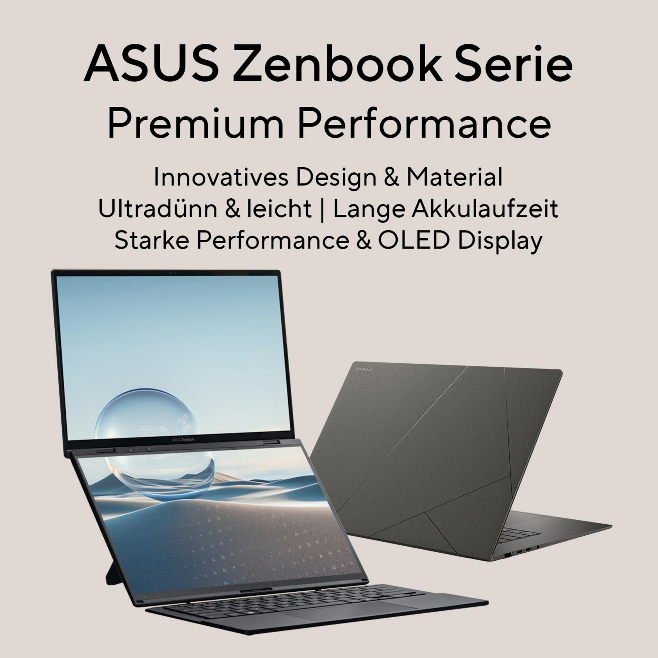 Zwei ASUS Zenbook Laptops werden gezeigt. Einer offen, zeigt Bildschirm und Tastatur. Einer geschlossen.