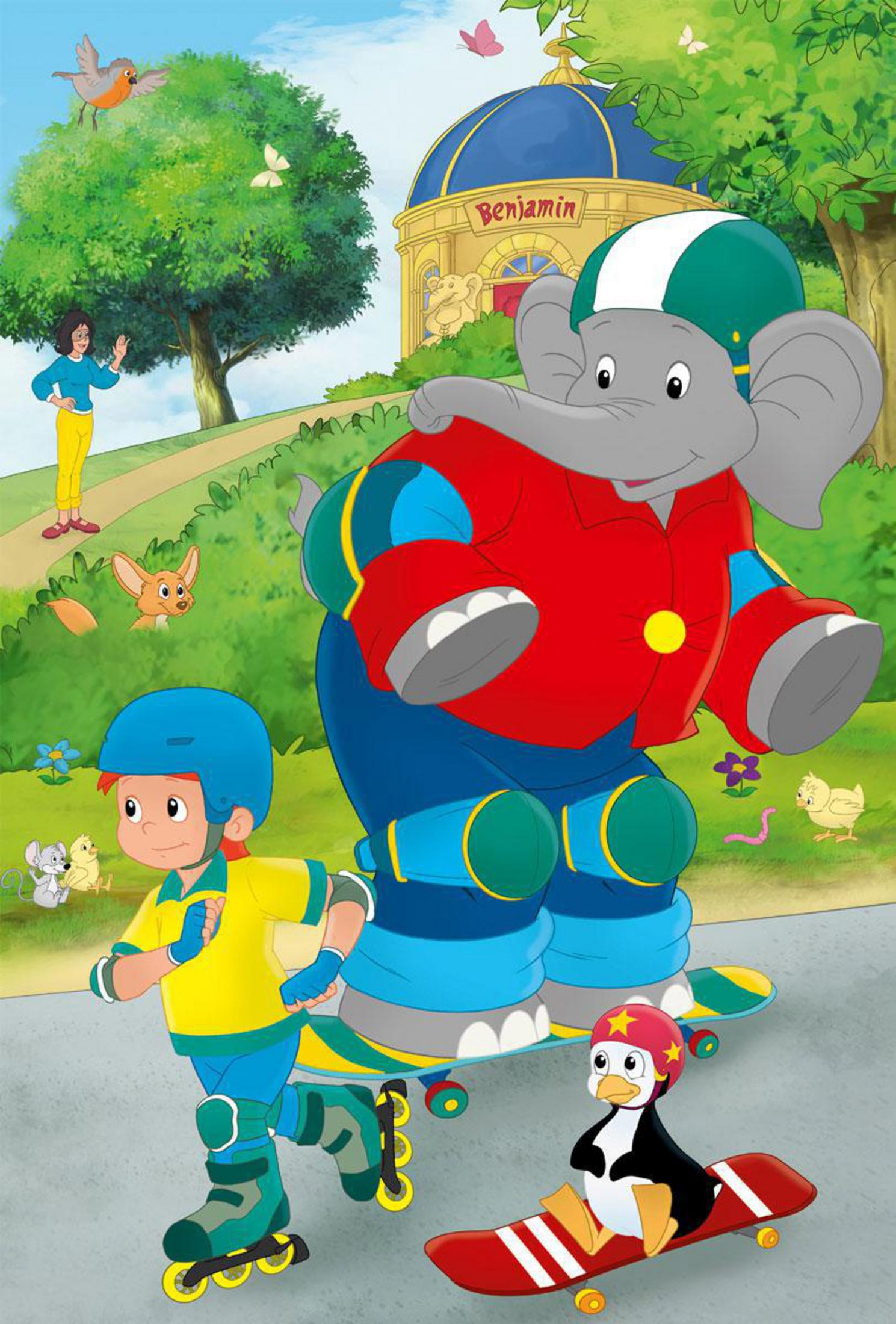 Elefante, ragazzo e pinguino su skateboard vicino all'edificio Benjamin.