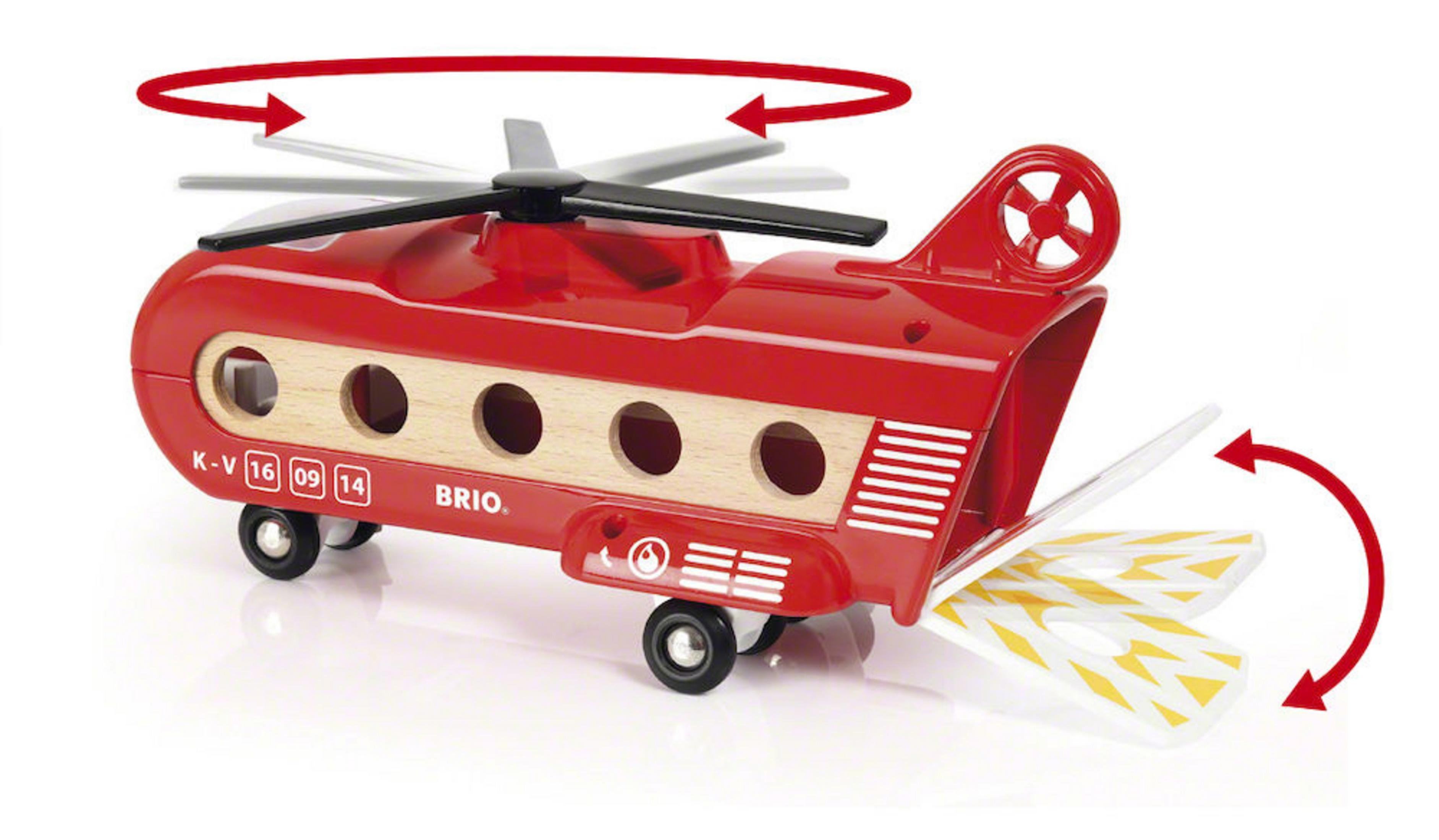 Ein roter Spielzeughubschrauber mit Holzdetails und sich drehenden Rotoren.