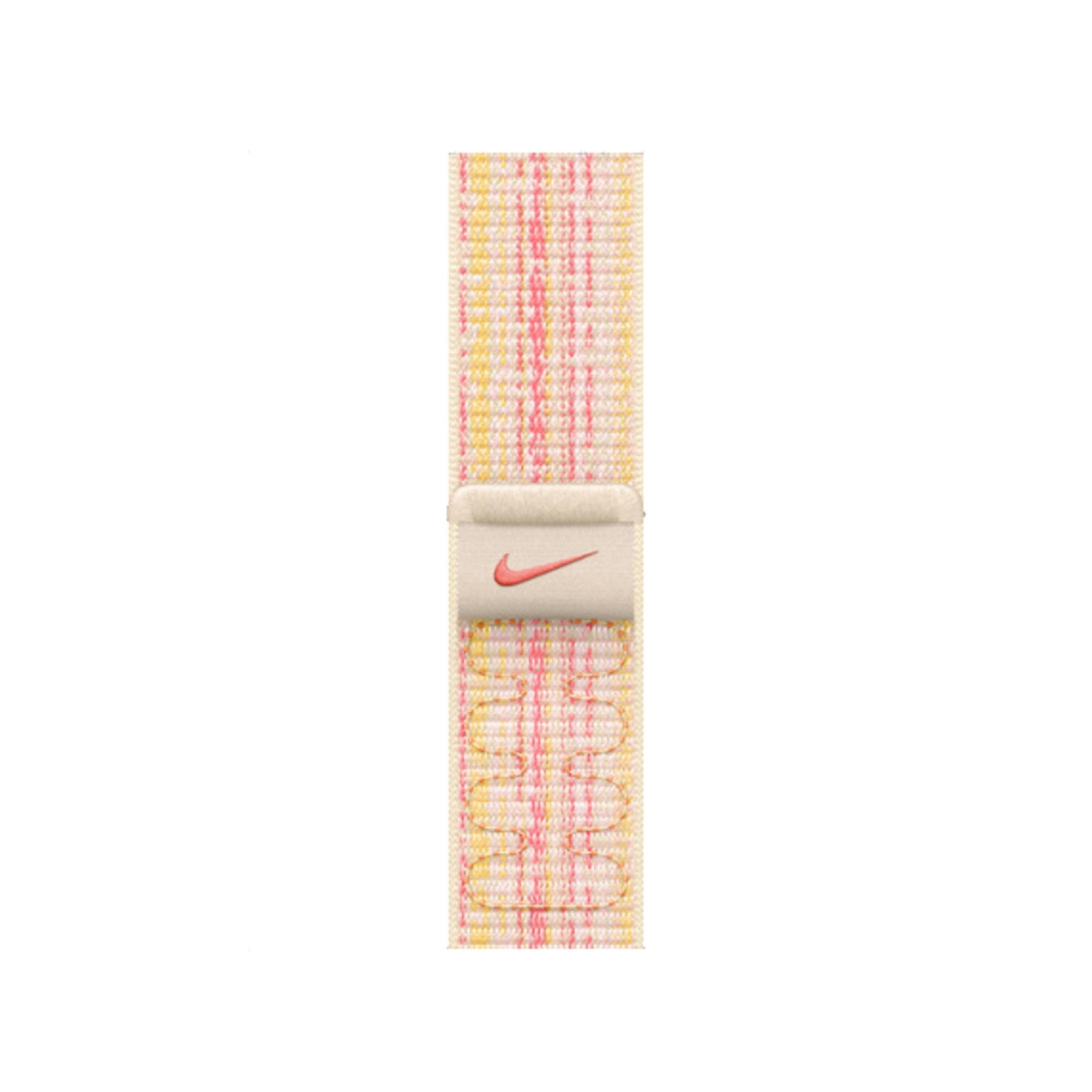 Ein Armband mit rosa und gelbem Karomuster und einem silbernen Verschluss mit Nike-Logo.