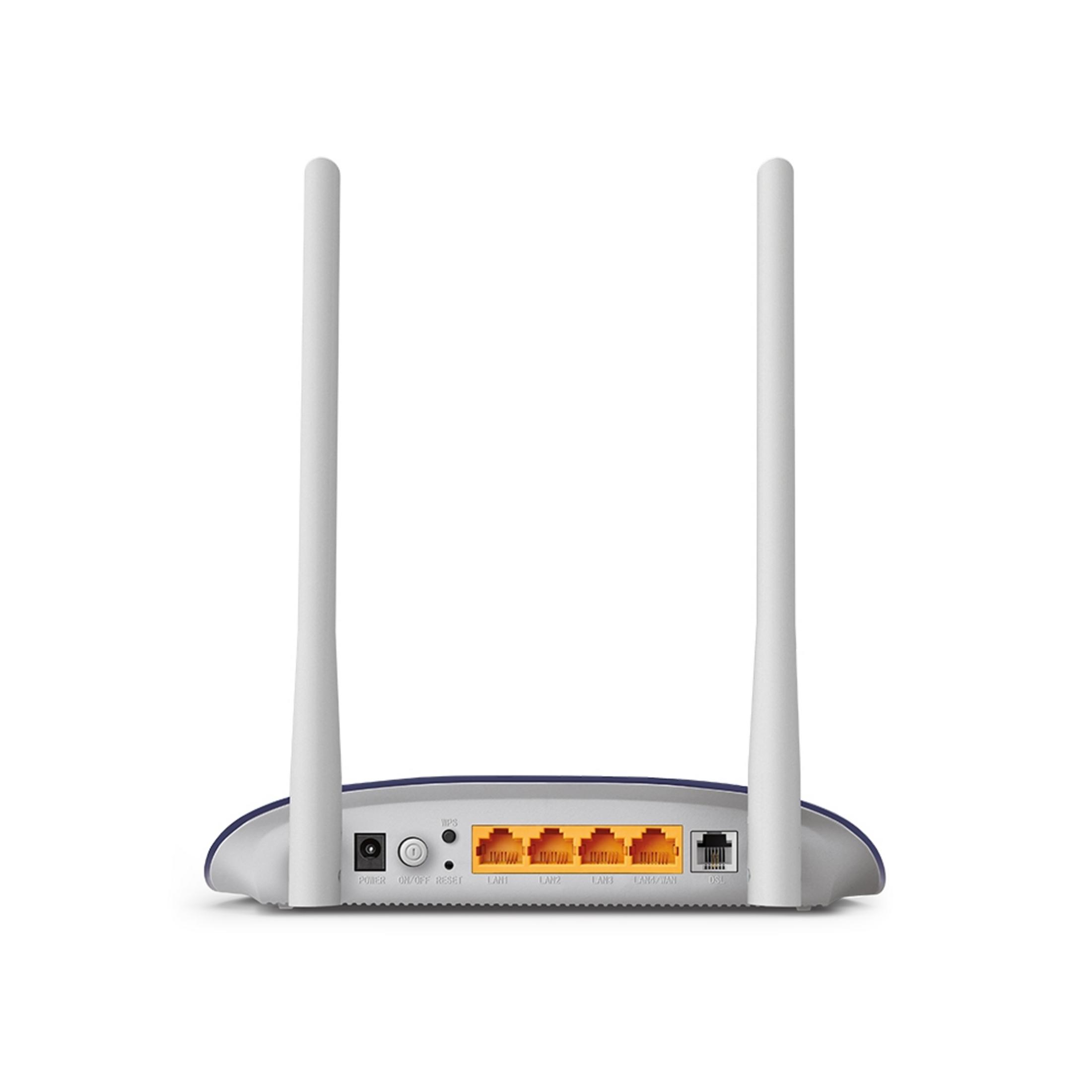 Biały router Wi-Fi z dwiema antenami i czterema portami LAN.