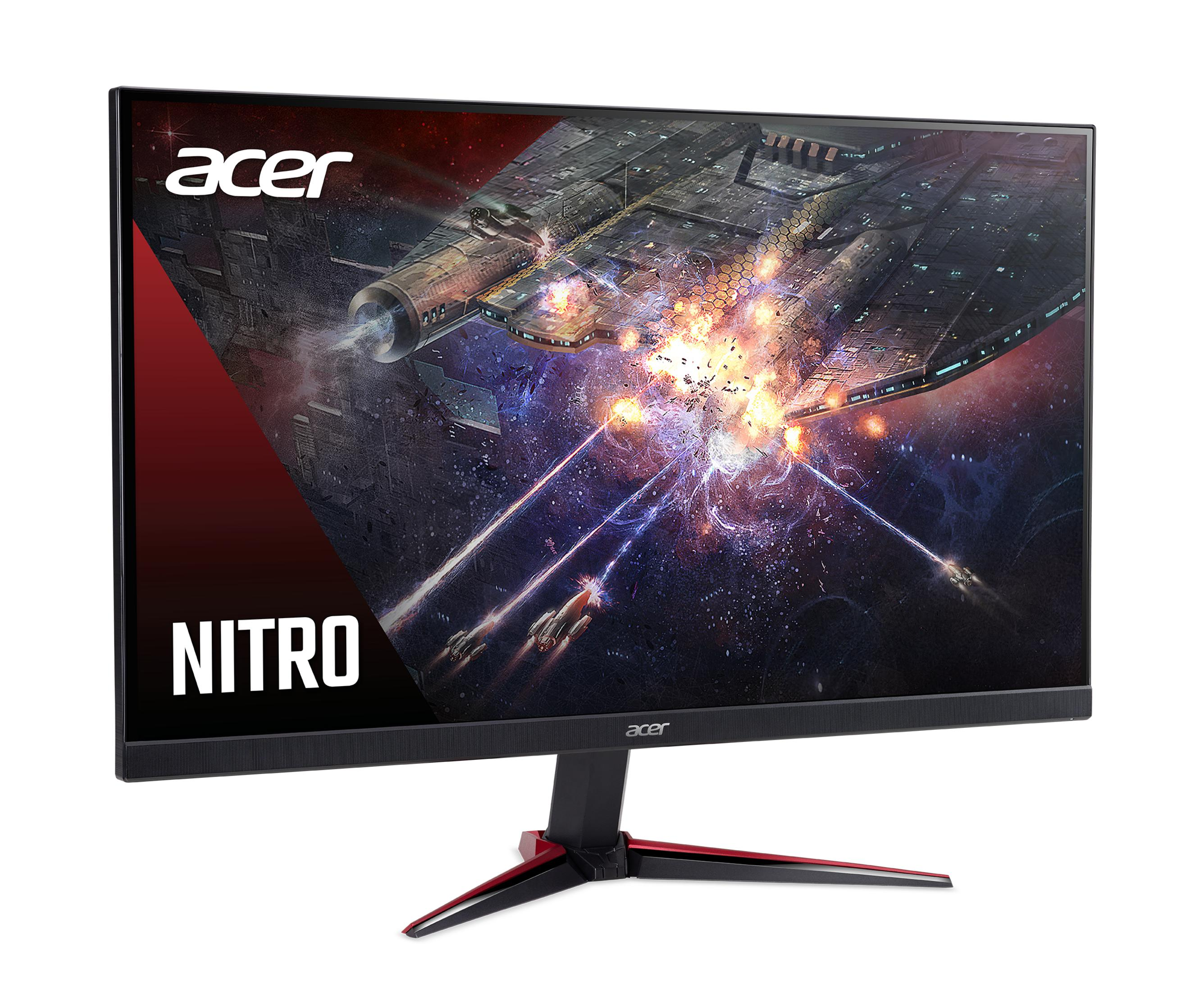 Acer Nitro Monitor zeigt Weltraumschlacht mit explodierenden Schiffen und Lasern.