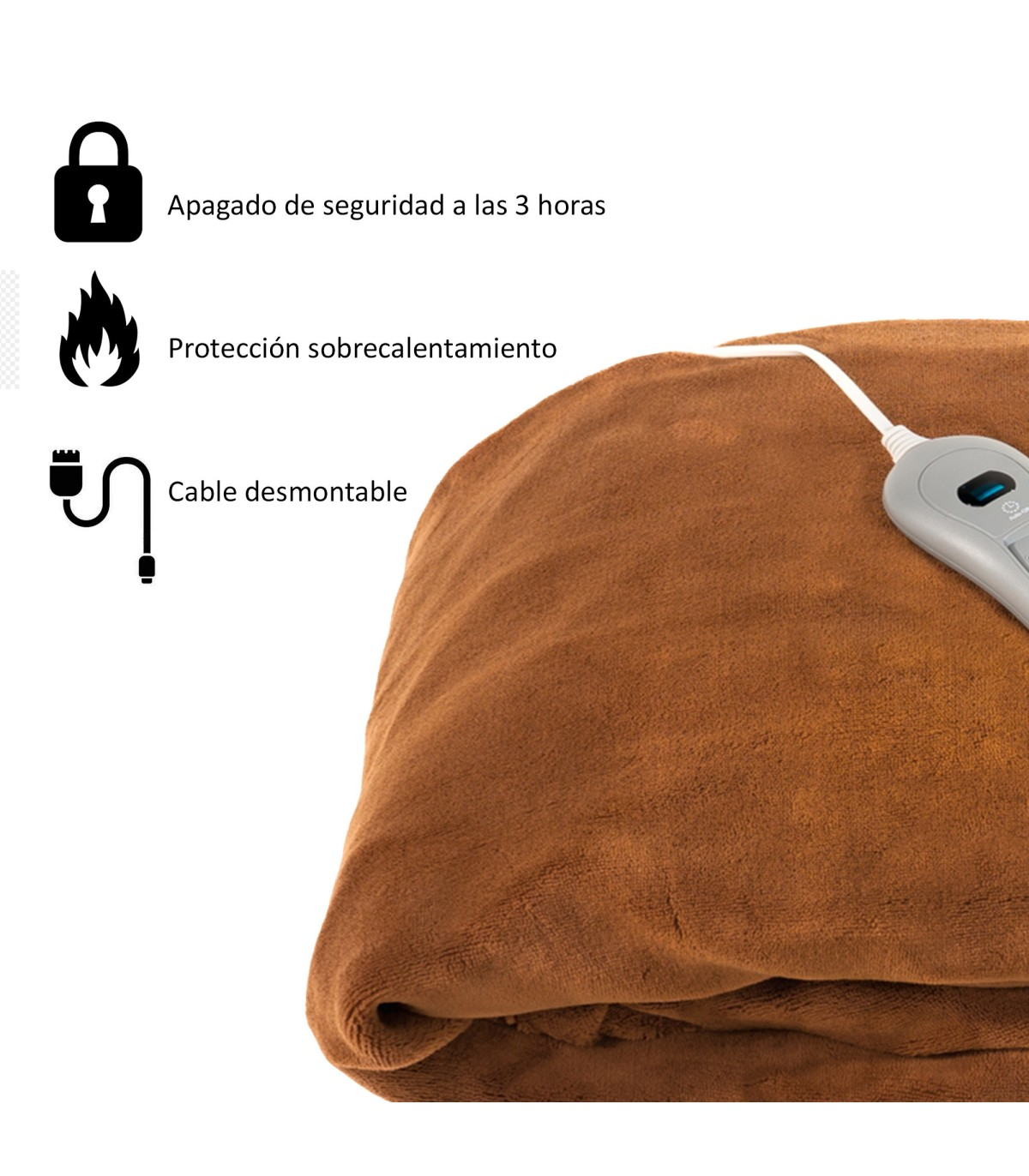 Manta térmica marrón con cable desmontable y control.