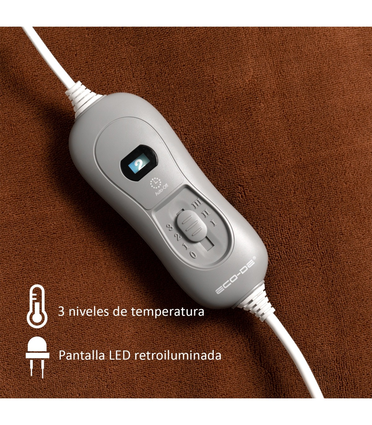 Controlador de calefacción gris con pantalla LED sobre tela marrón, 3 niveles.