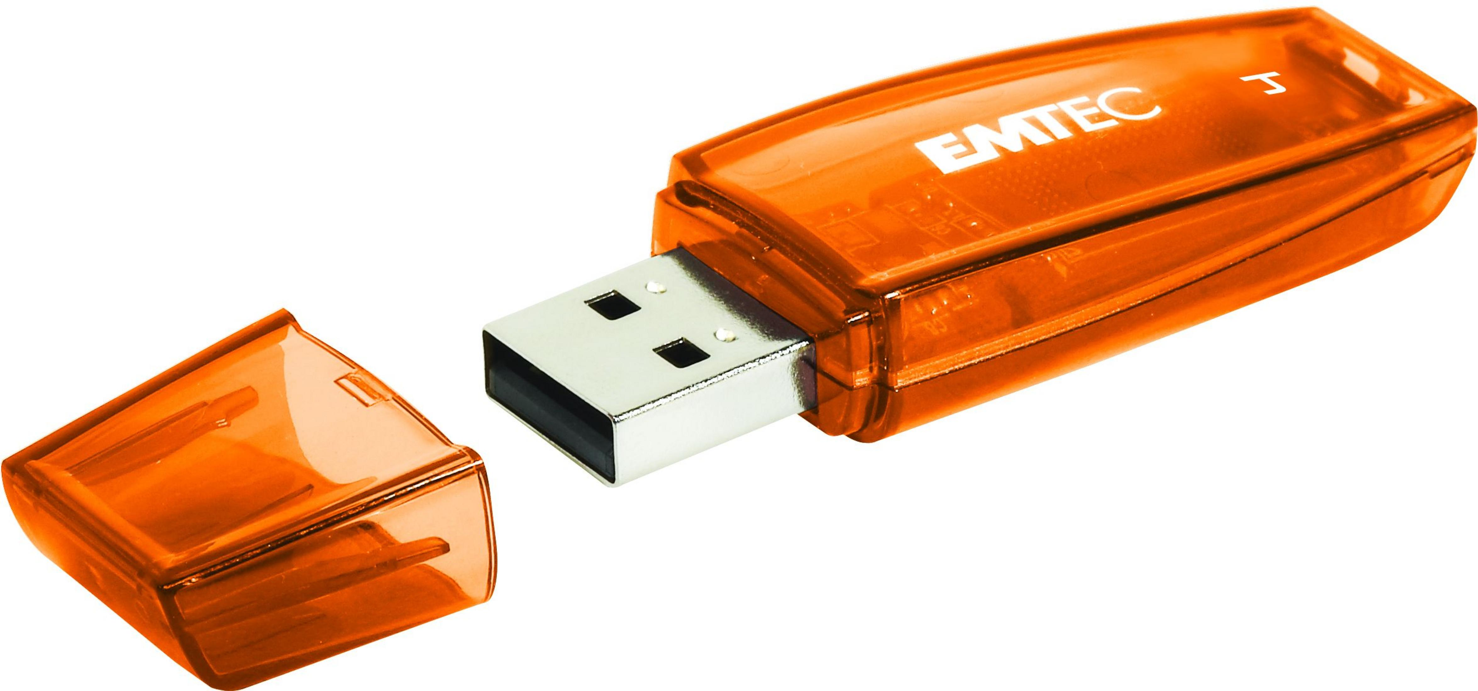 Ein transparenter oranger USB-Stick mit abgenommenem Deckel.