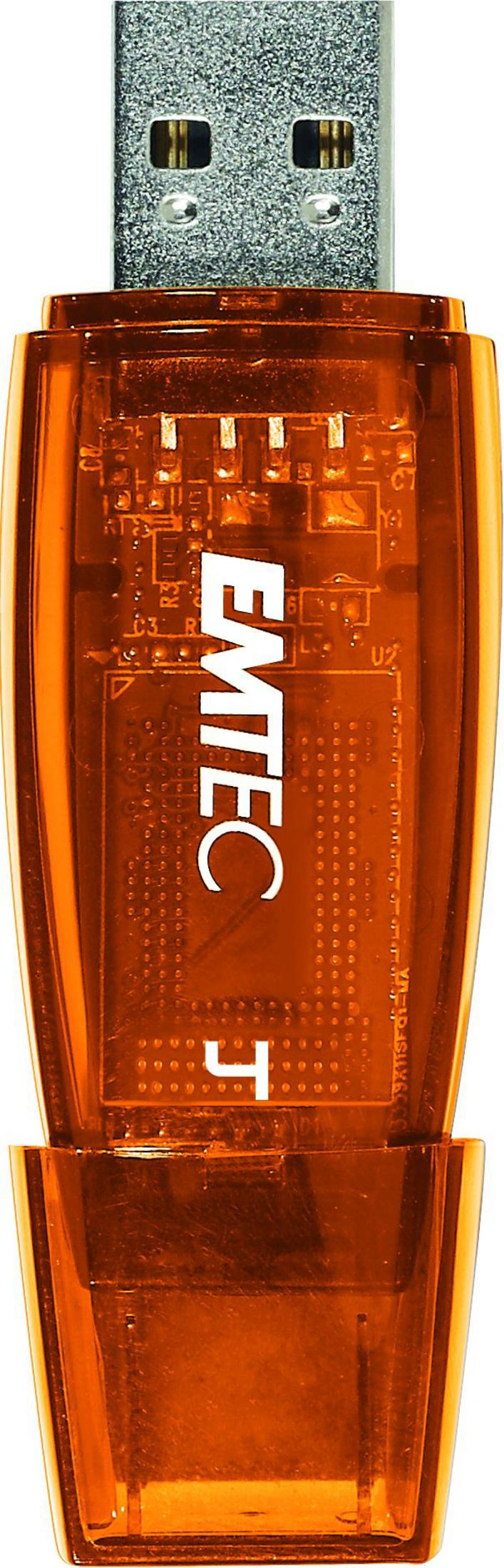 Ein orangefarbener USB-Stick mit sichtbarer Leiterplatte und dem Logo "EMTEC".