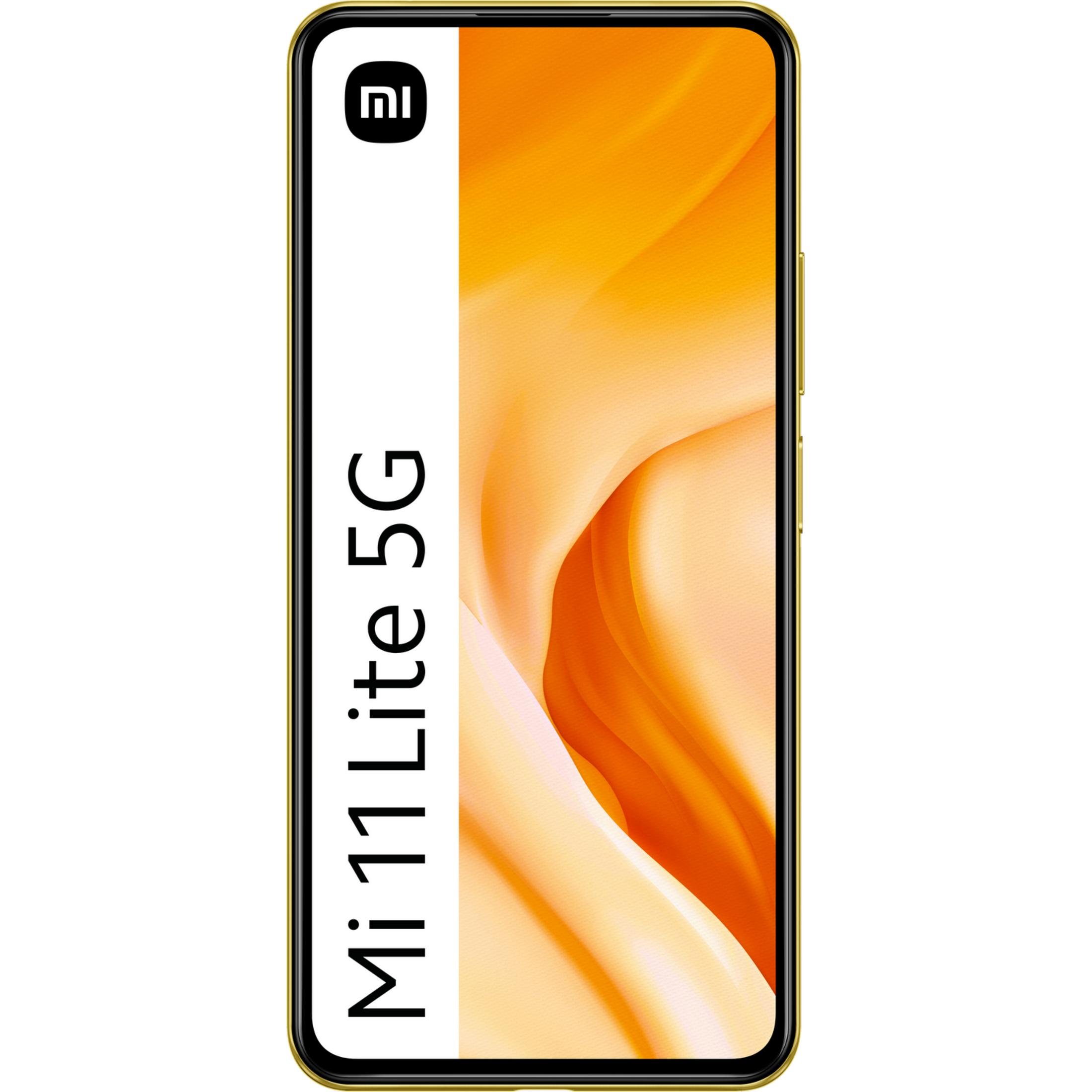 Un teléfono Xiaomi Mi 11 Lite 5G dorado con fondo naranja estilizado.