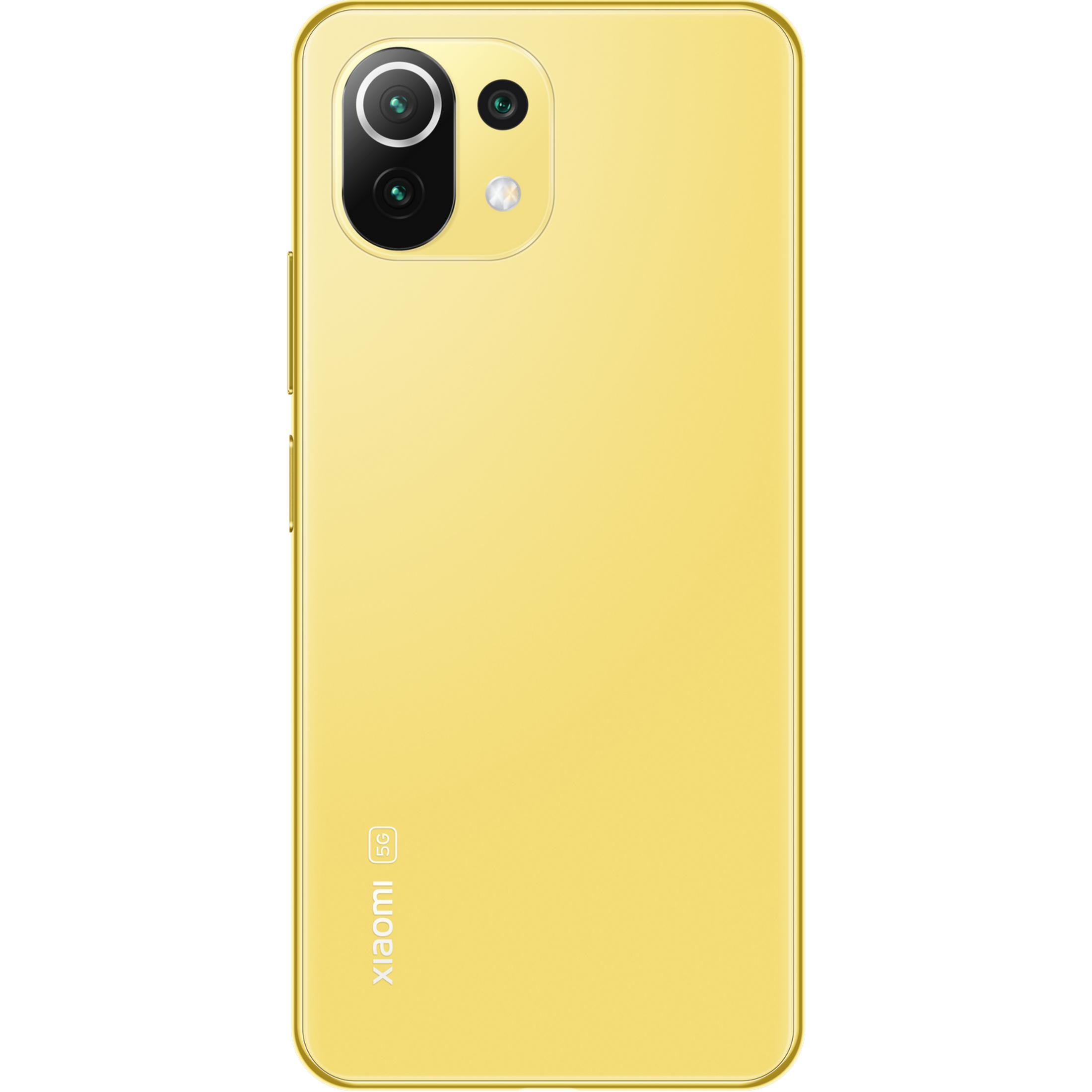Parte trasera de un smartphone amarillo con cámara y logo "Xiaomi 5G".