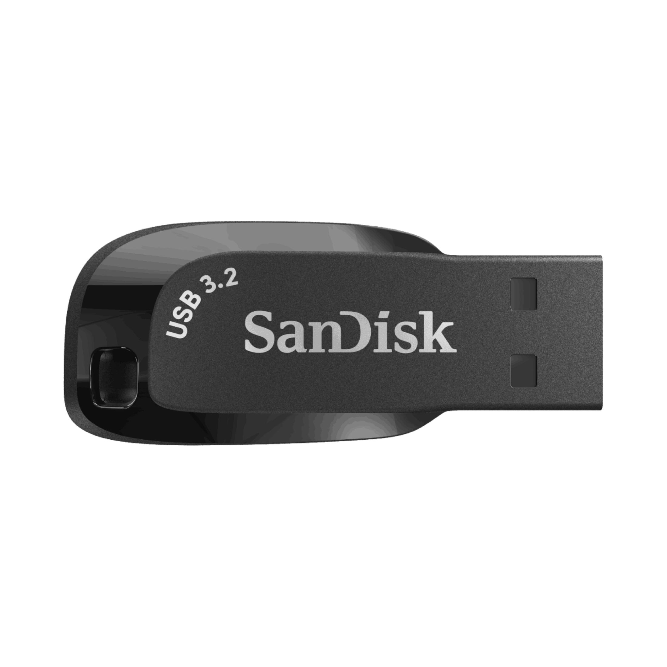 Chiavetta USB SanDisk 3.2 nera con cappuccio lucido e corpo opaco.