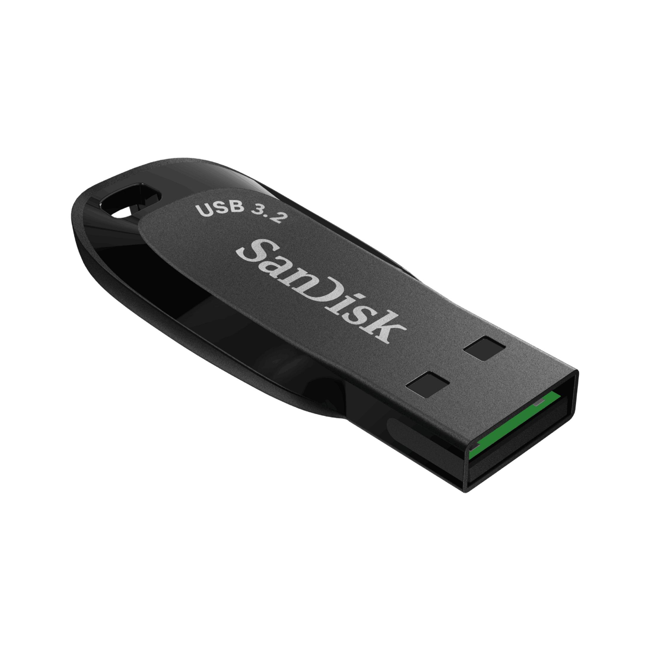 Unità SanDisk USB 3.2 nera con logo argento e connettore visibile.