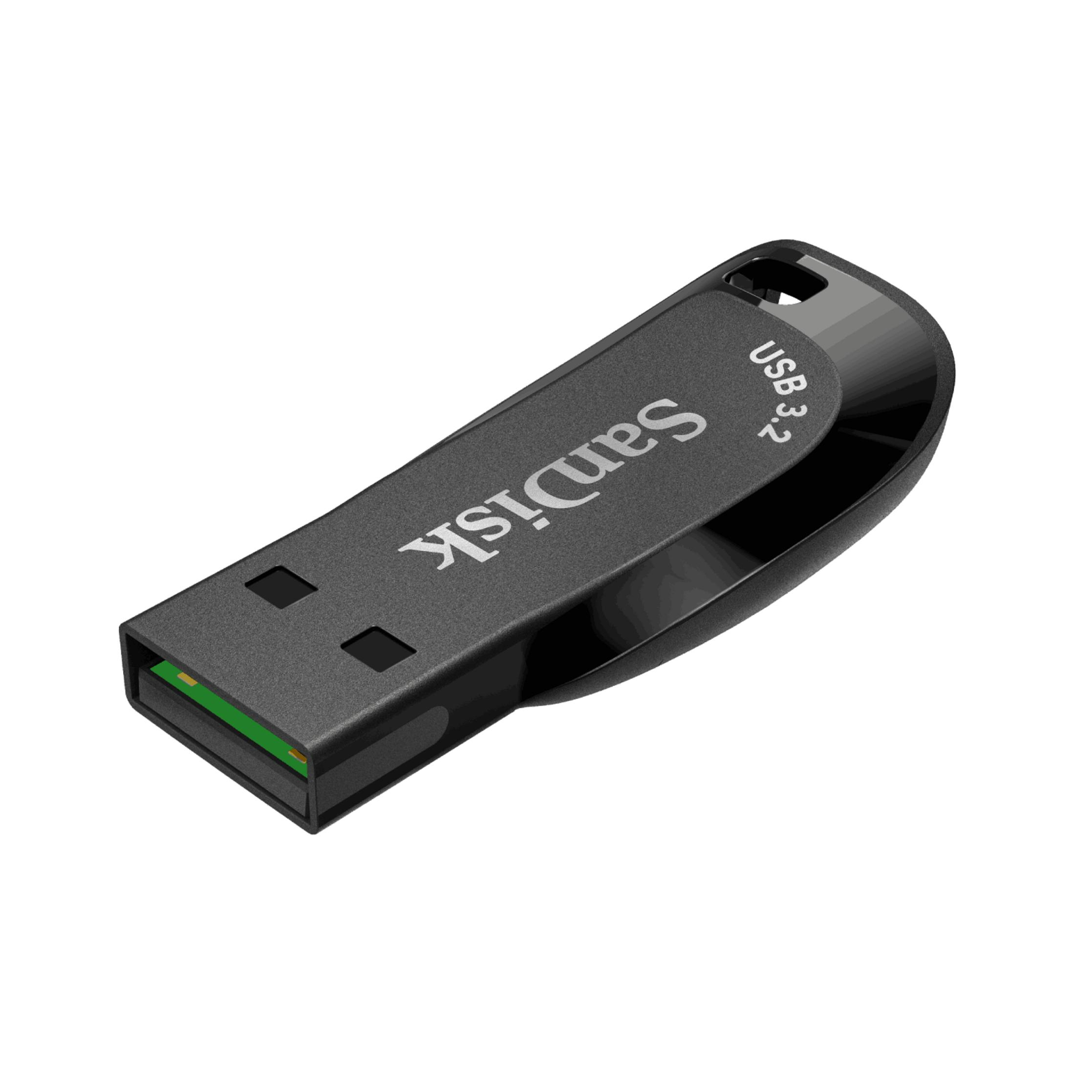 Una chiavetta USB SanDisk 3.2 nera con logo argentato su sfondo bianco.