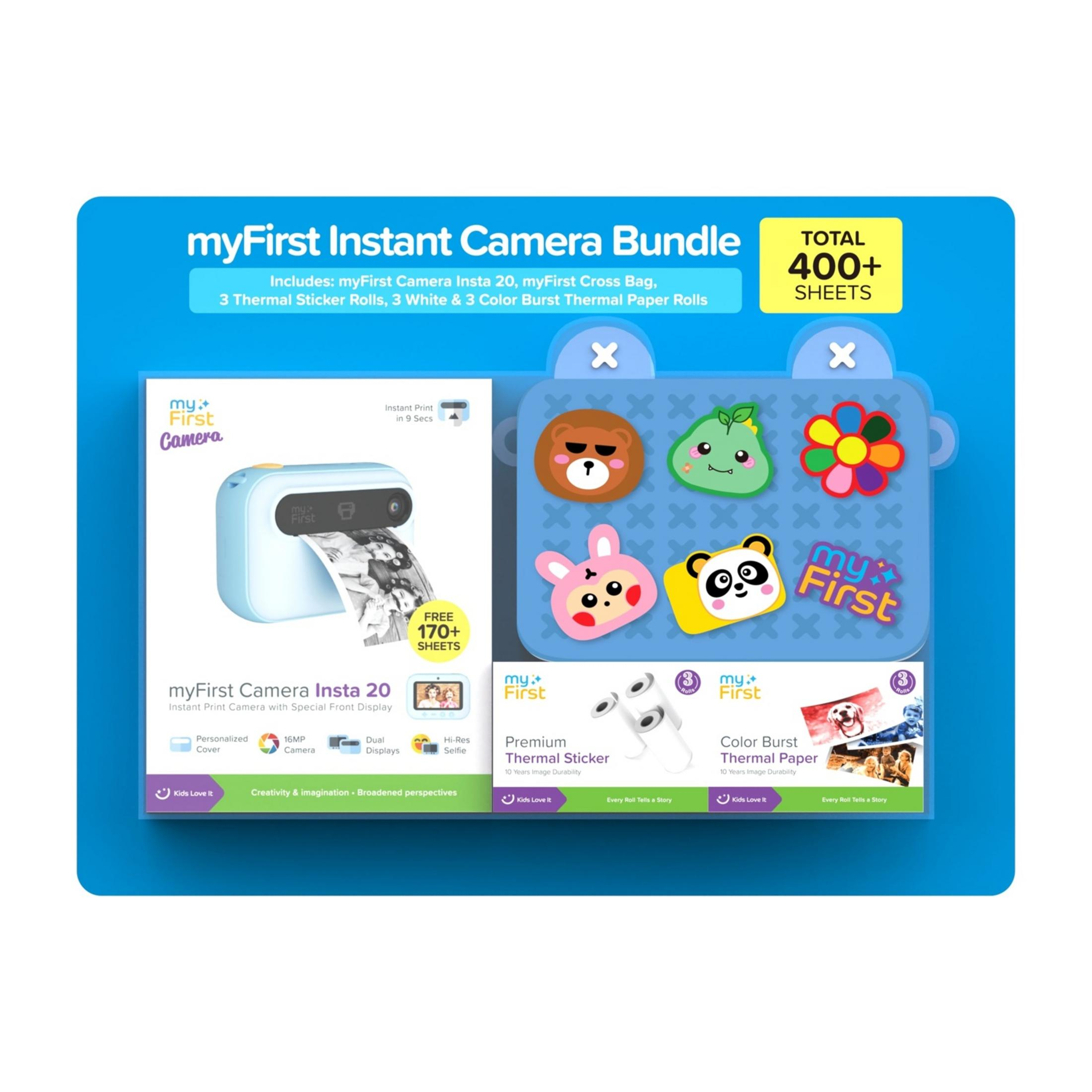 Bundle di fotocamere istantanee azzurro con adesivi e rotoli di carta.