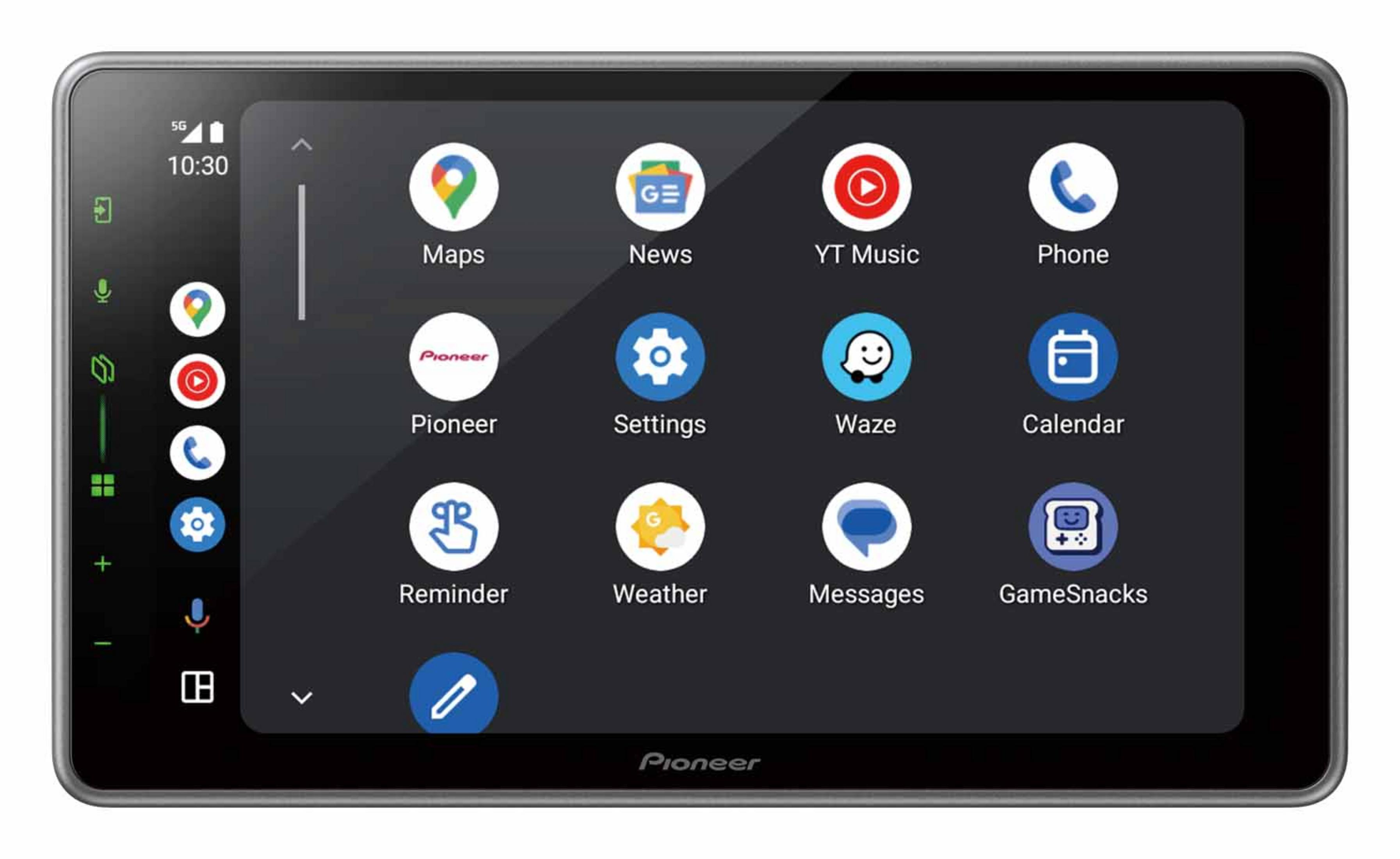 Pantalla de radio de coche con iconos de aplicaciones: Mapas, Noticias, Música, Teléfono y más.