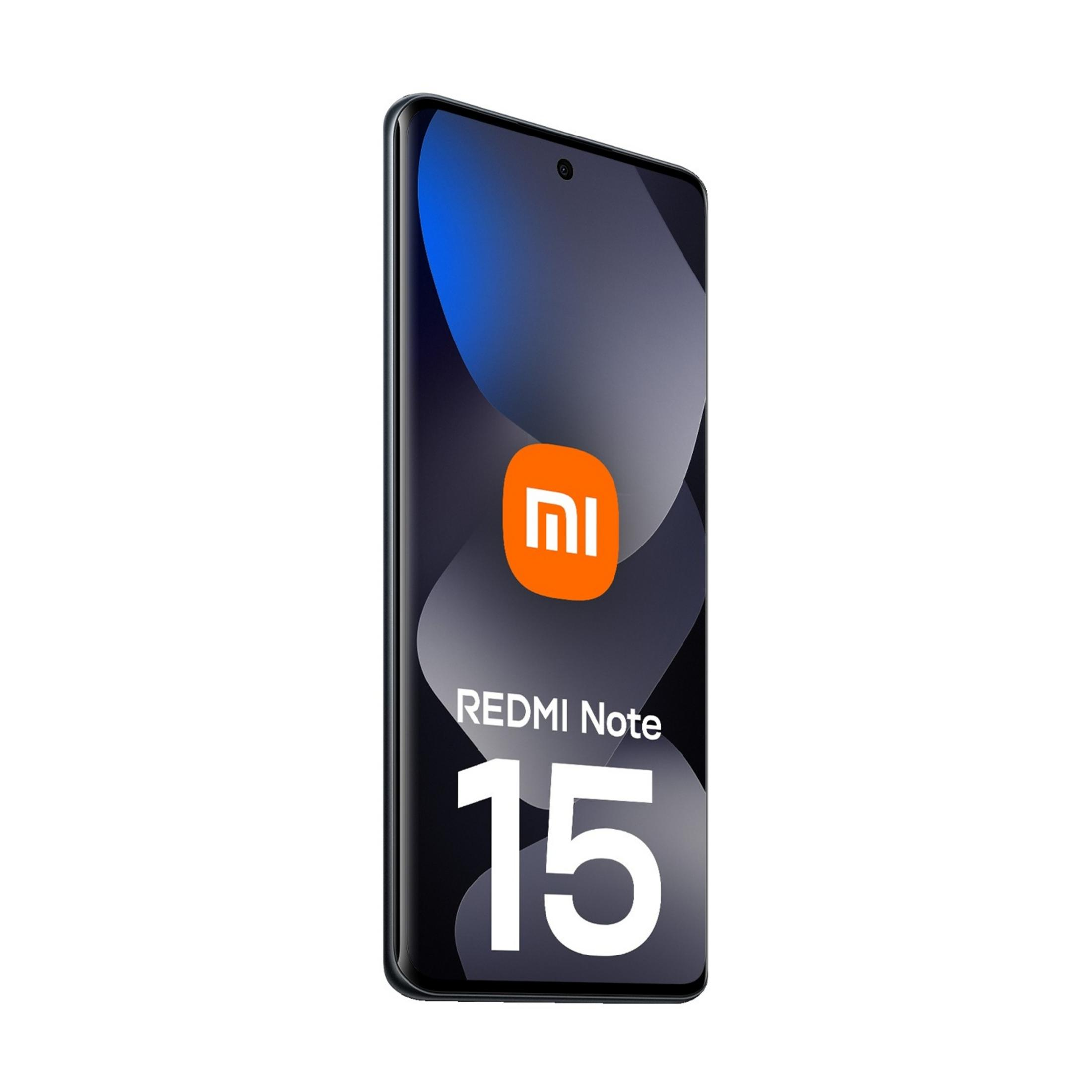 Un smartphone negro muestra el logo de Xiaomi y "REDMI Note 15" en su pantalla.