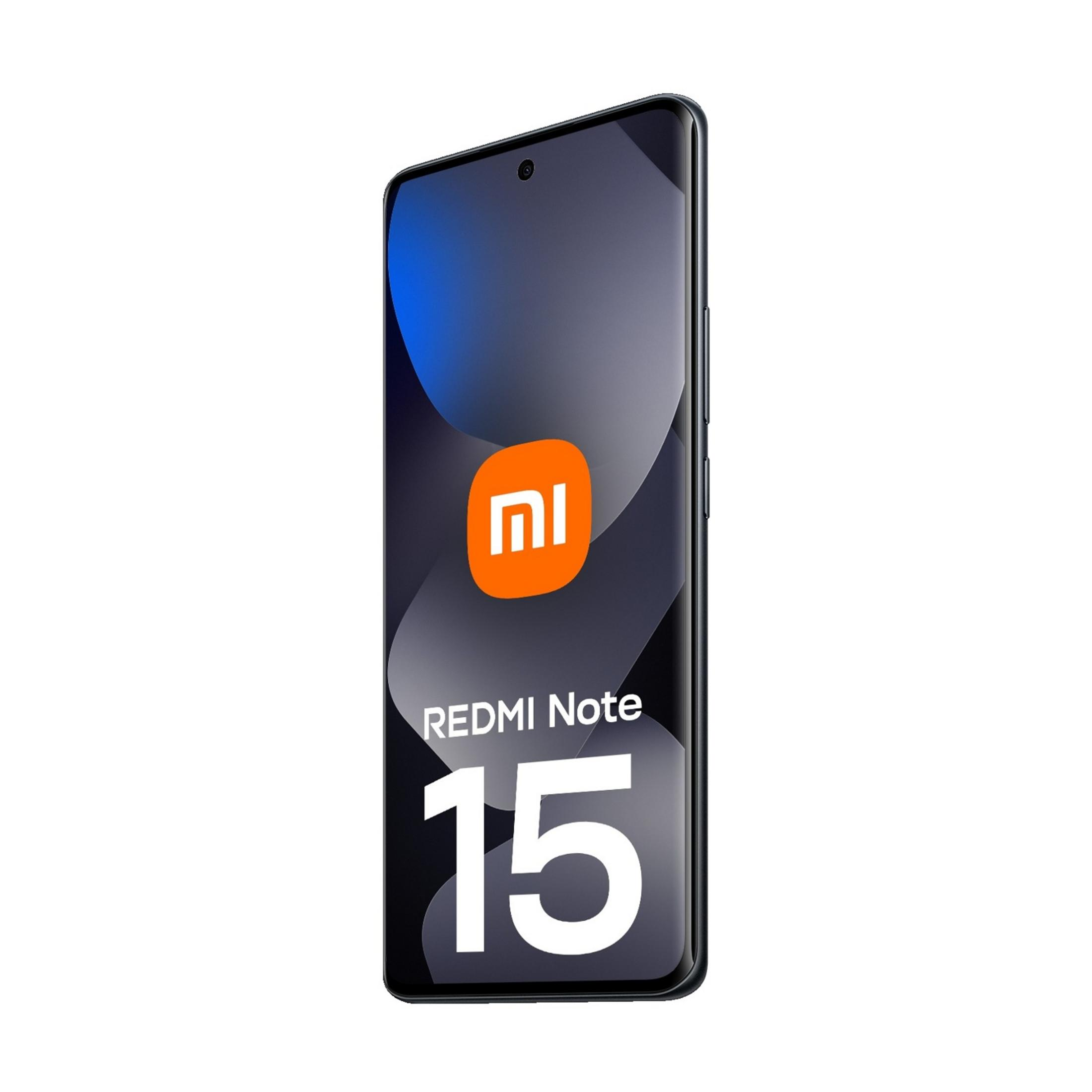 Un smartphone Xiaomi Redmi Note 15 gris oscuro con un logo MI naranja.