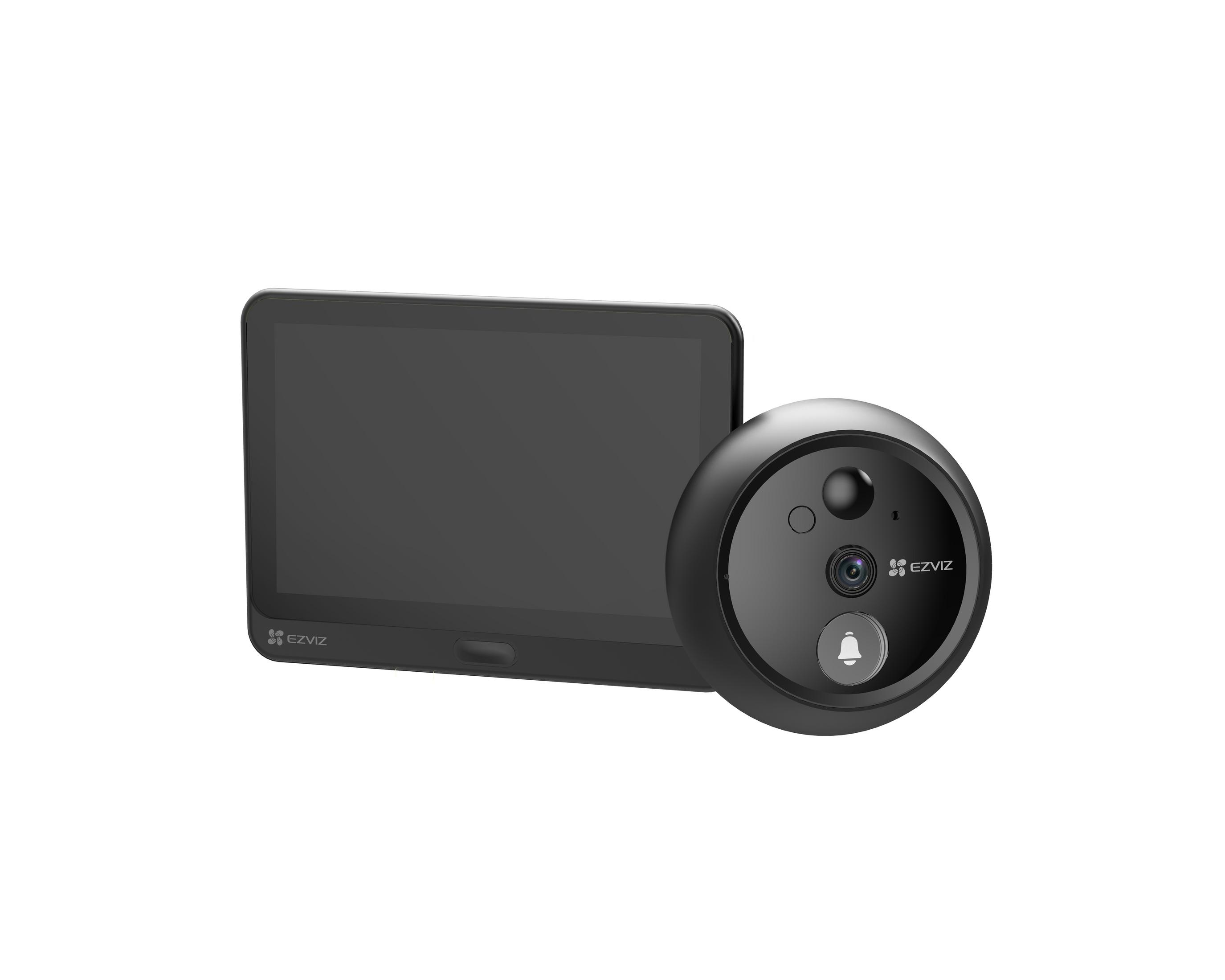 Un monitor de timbre negro y una cámara redonda con icono de campana.