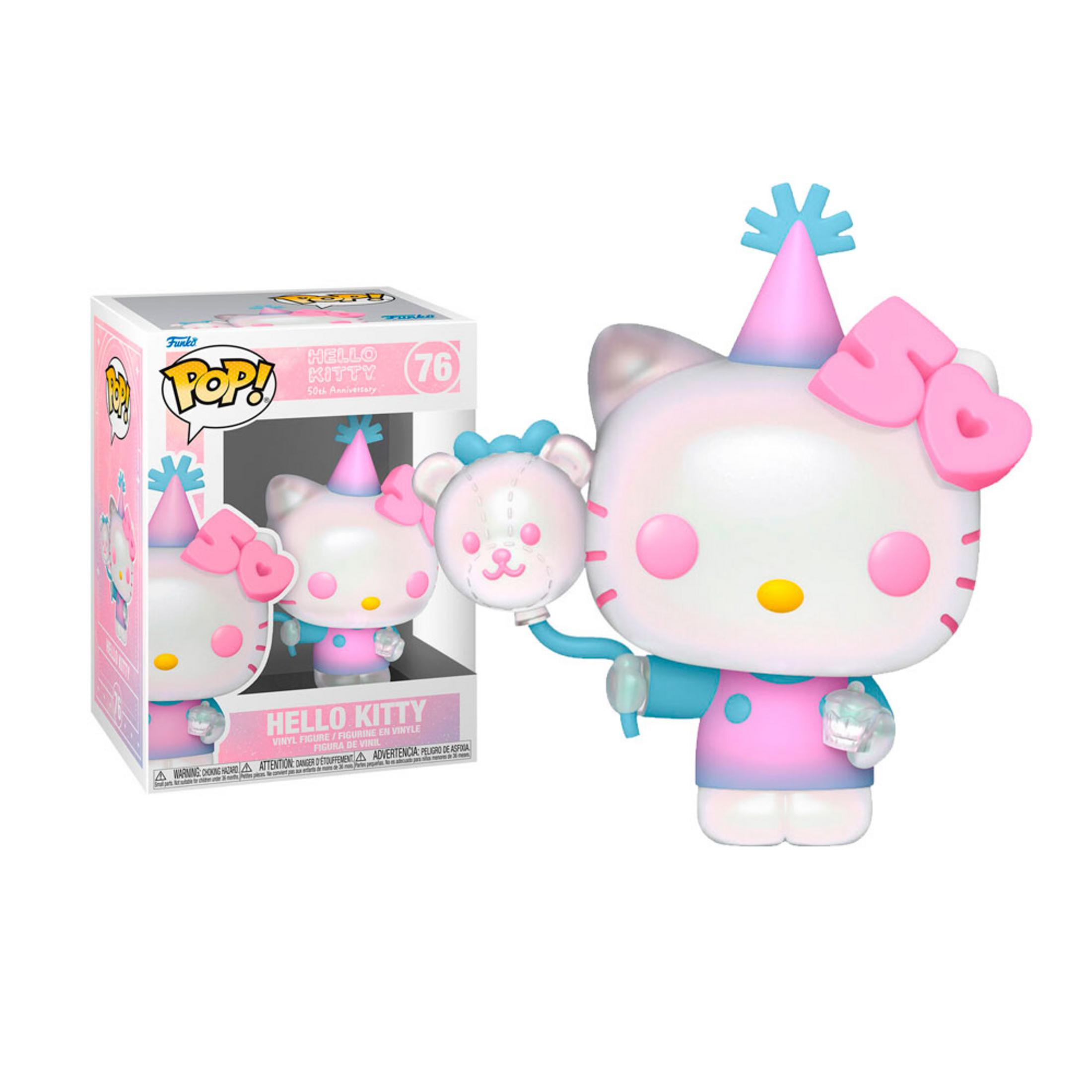 Statua di Hello Kitty con cappello rosa che tiene un palloncino orso, in scatola.