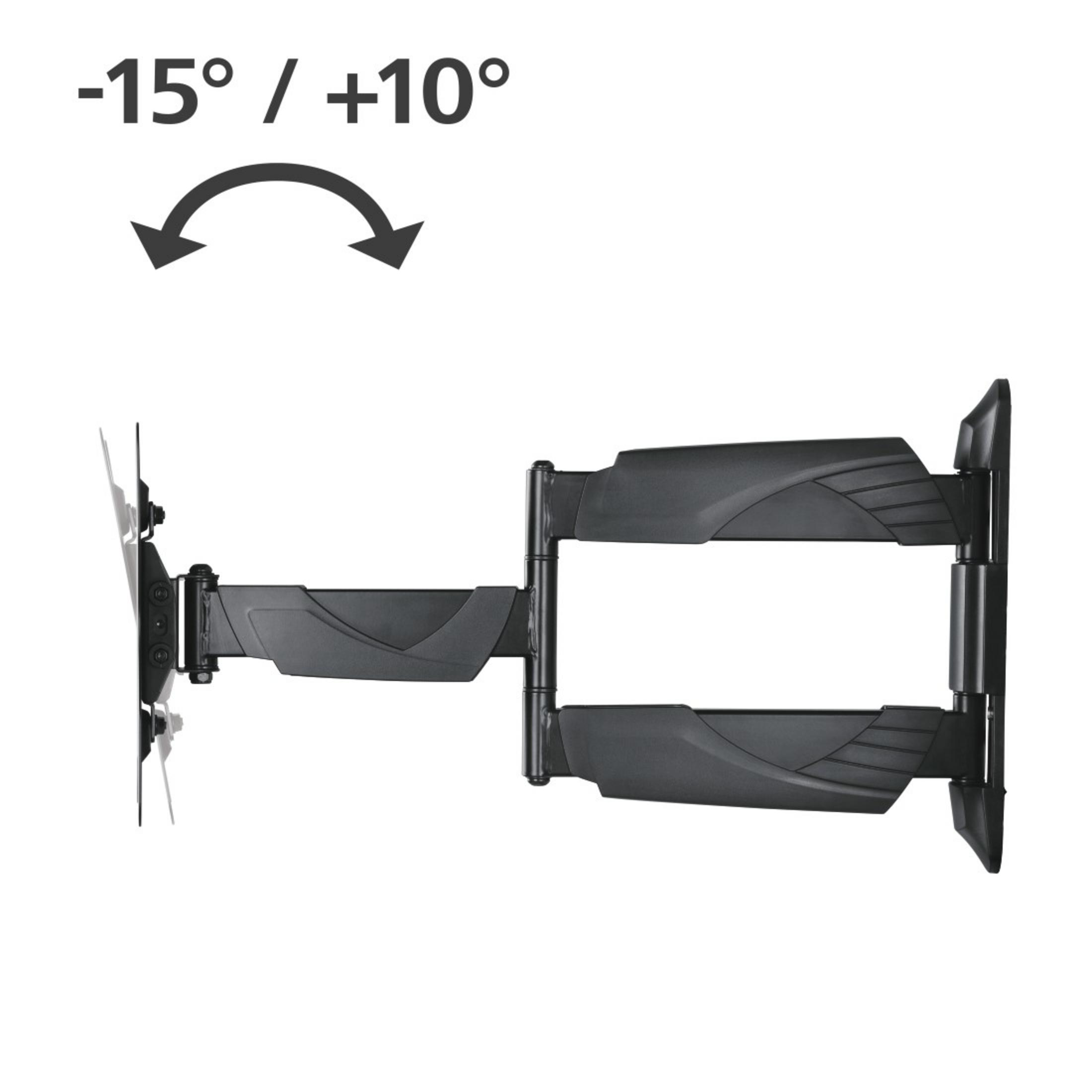 Soporte de pared para TV negro y extensible con indicador de ángulo.