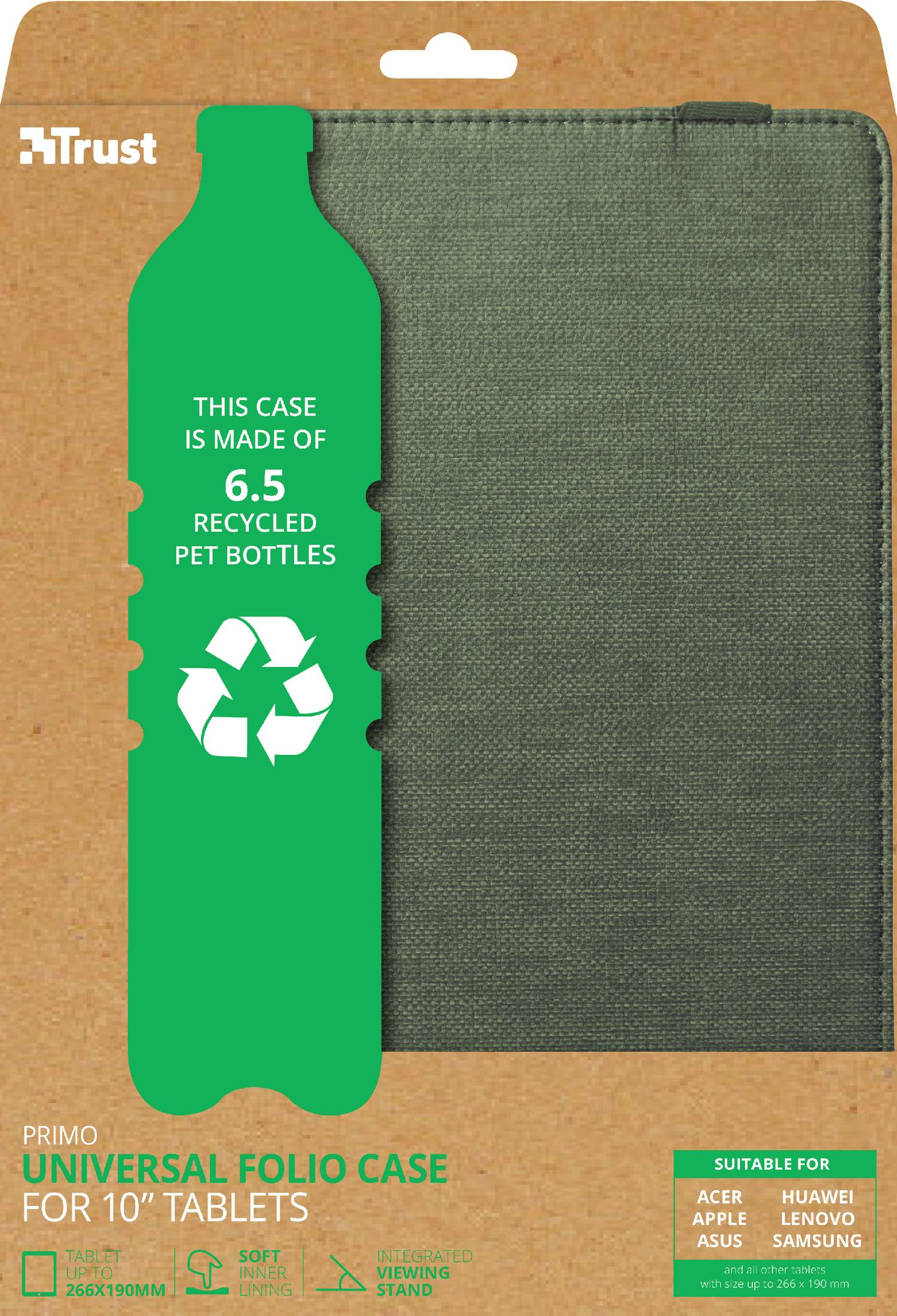 Funda tipo folio verde para tabletas de 10", hecha de 6,5 botellas PET recicladas.