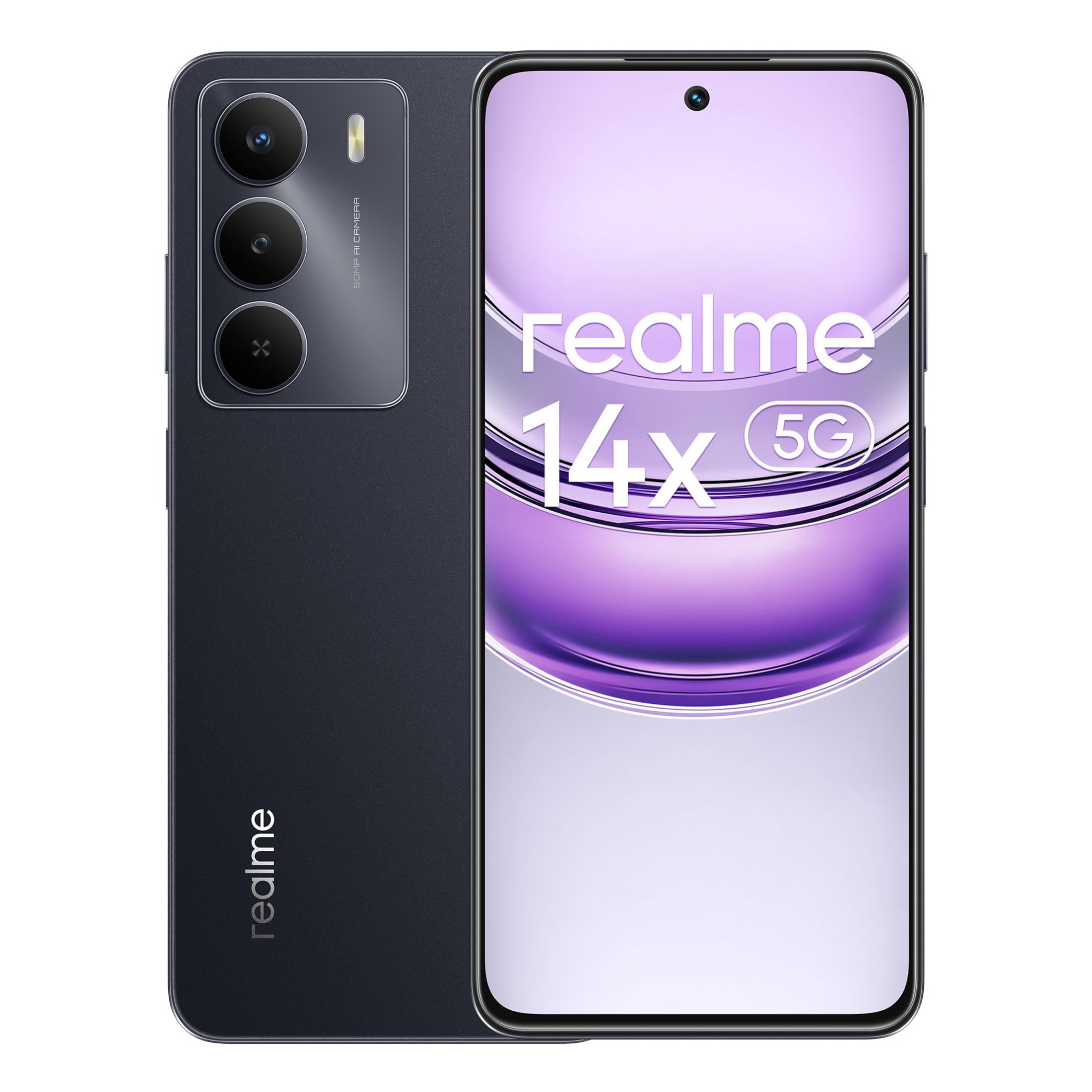 Smartphone grigio scuro con tre fotocamere e marchio Realme 14x.