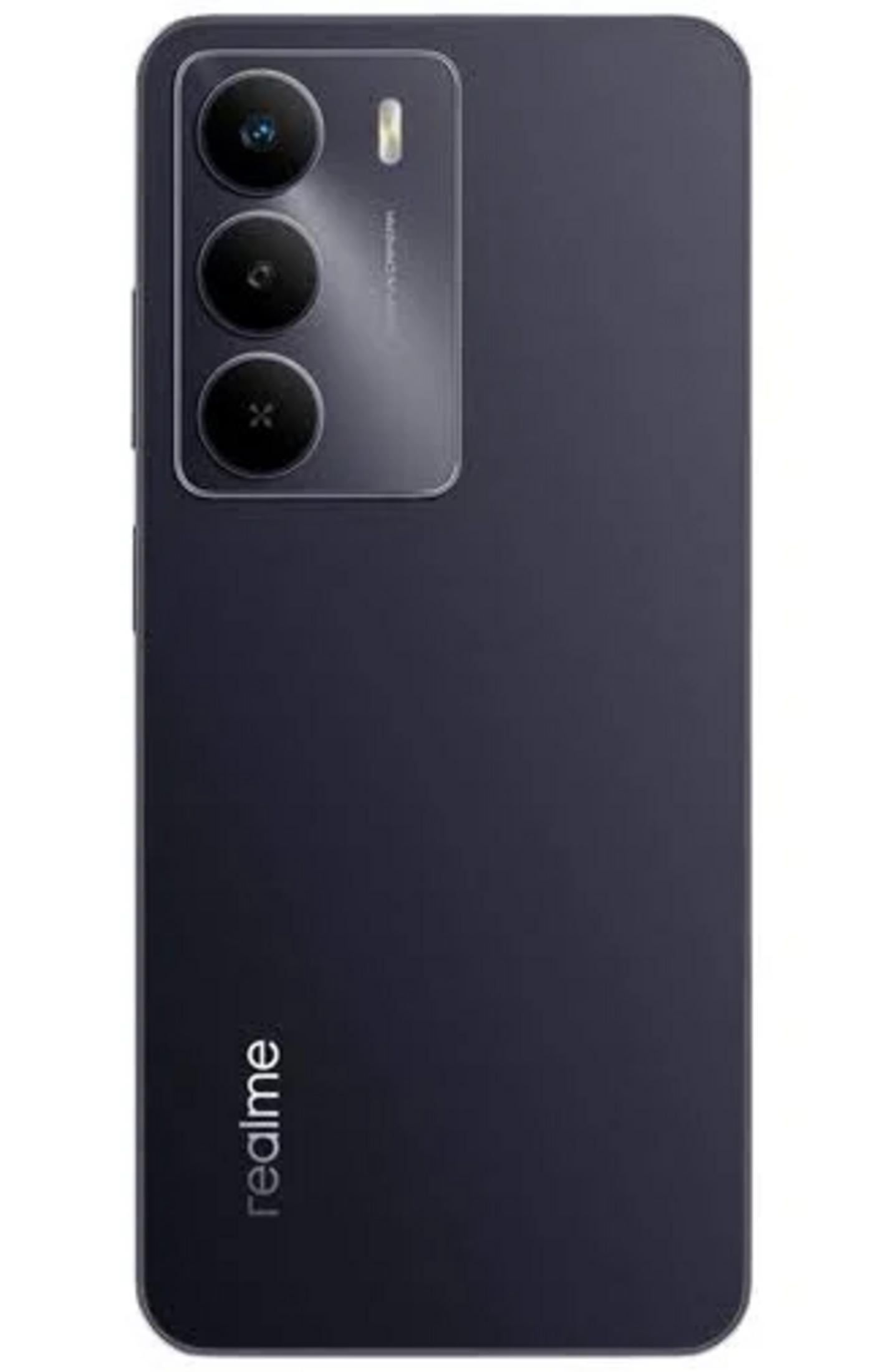 Smartphone blu scuro con tre fotocamere e logo Realme sul retro.