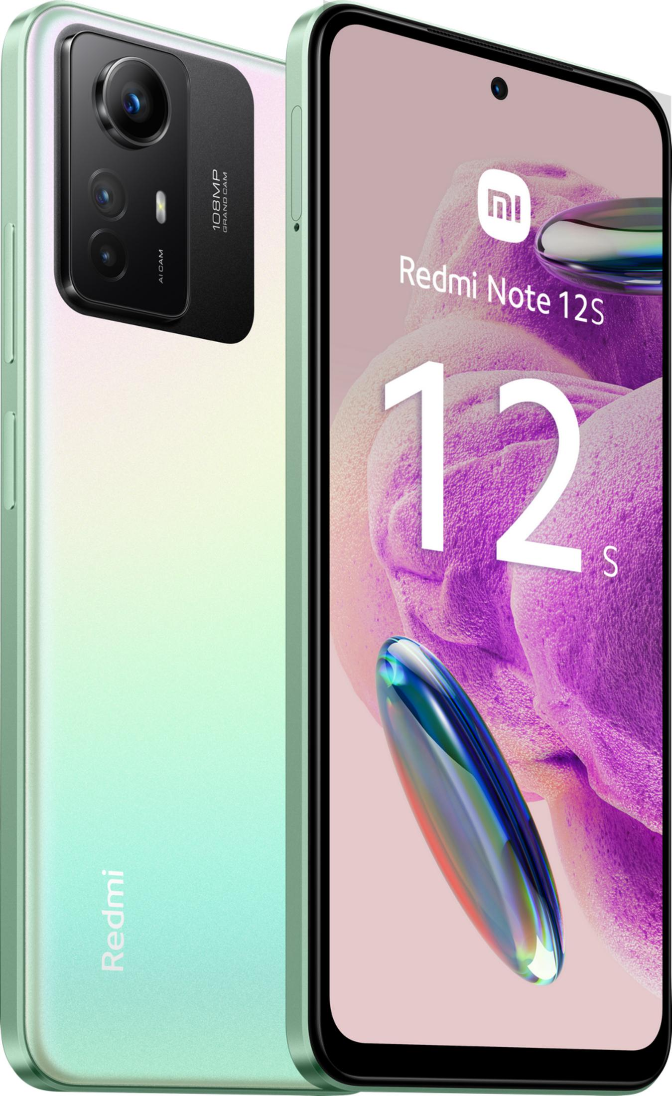 Grünes Handy mit 108MP Kamera und Redmi Note 12S Schriftzug.