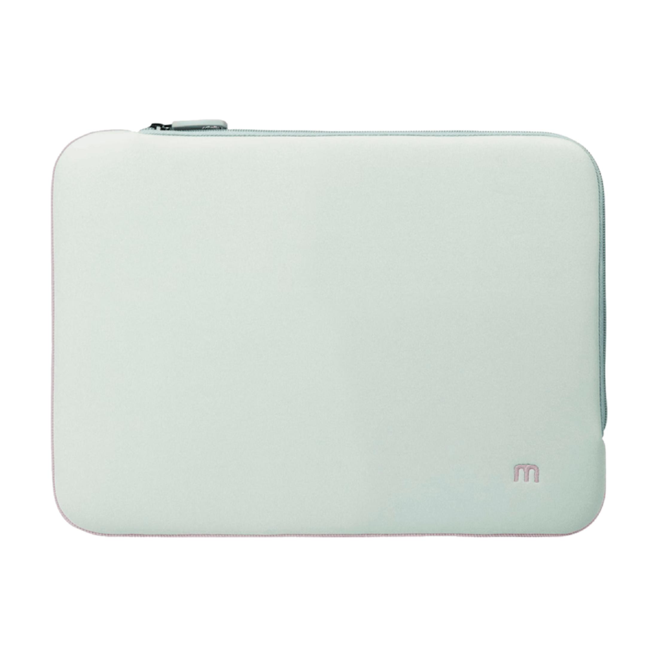 Una custodia verde chiaro con cerniera e logo "m".