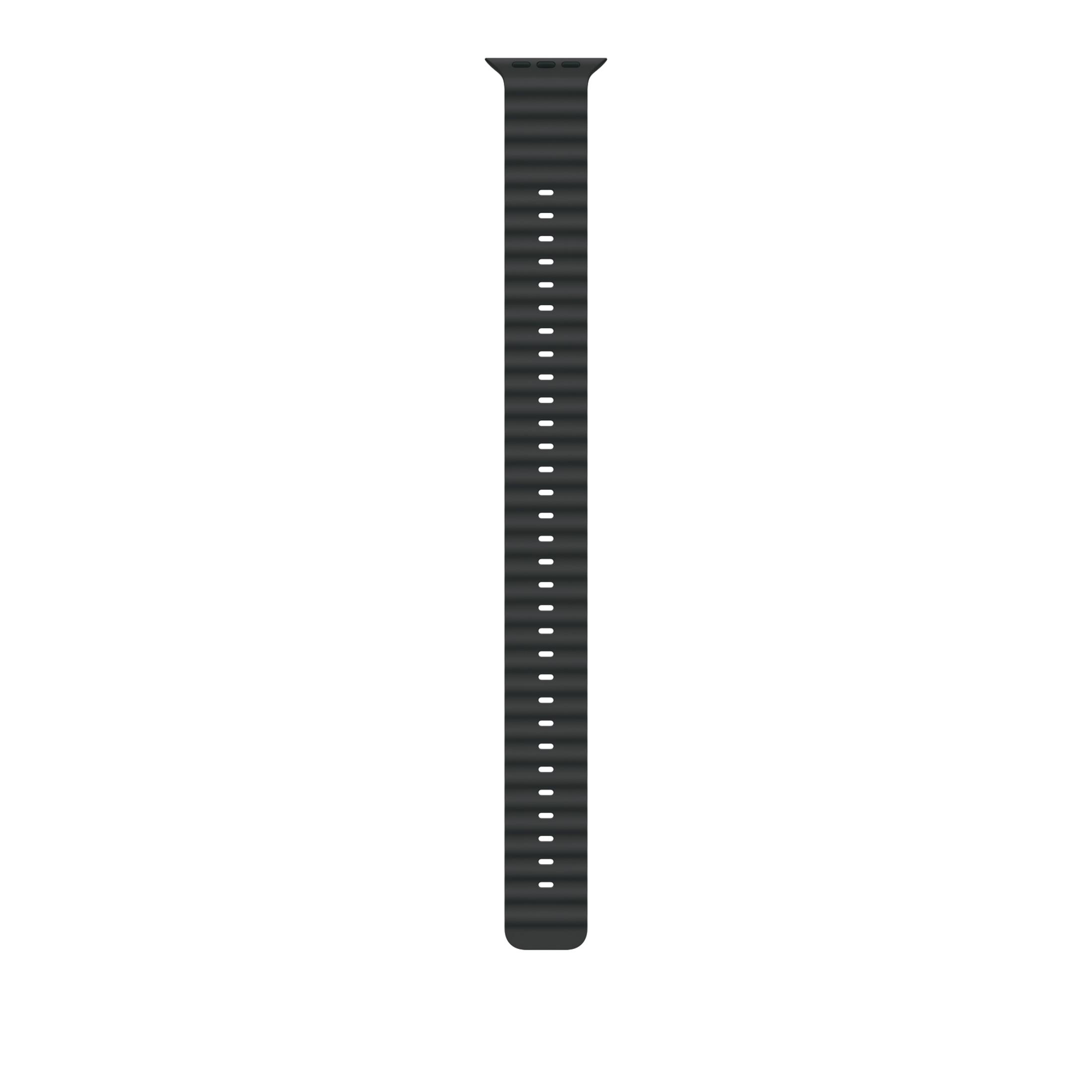 Un cinturino per smartwatch nero con superficie testurizzata e fori.