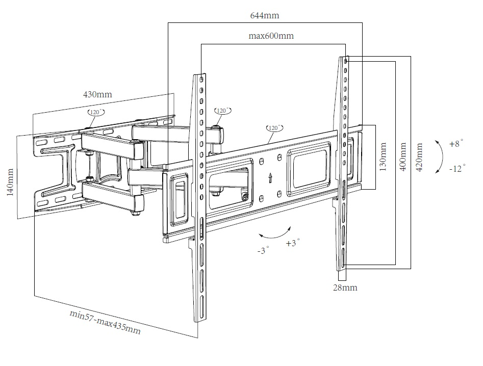 Dibujo técnico de un soporte de pared para TV con medidas y ángulos.