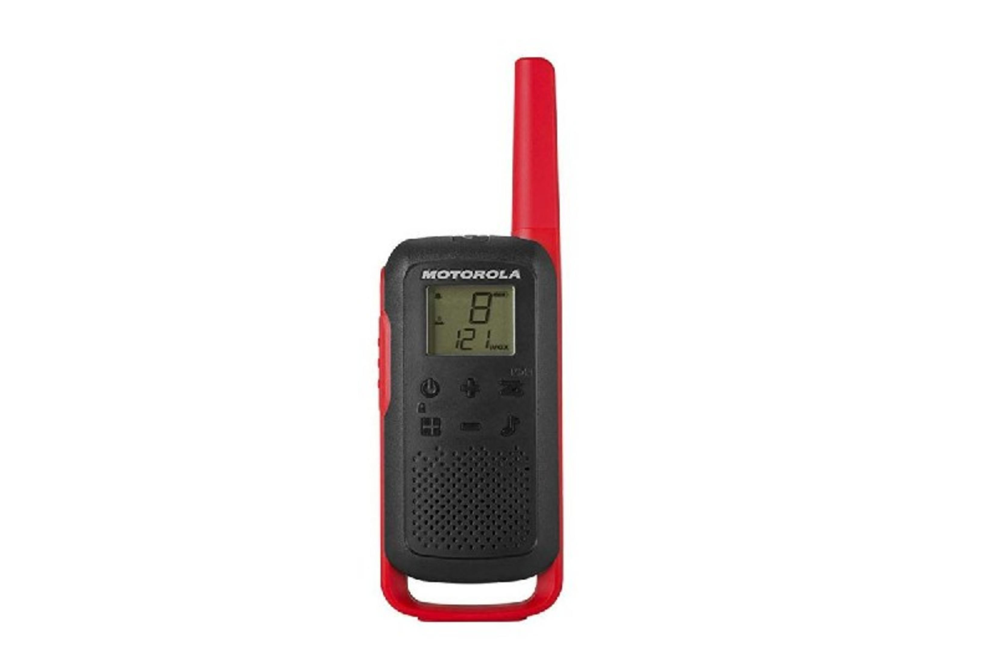 Un walkie-talkie Motorola nero e rosso con schermo digitale.